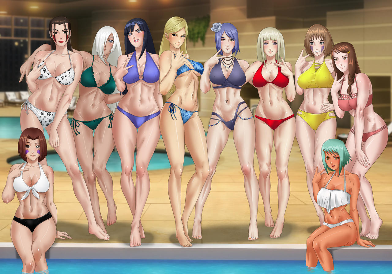 10girls 6+girls amenoosa athletic_female bare_legs bare_shoulders barefoot bikini bikini_bottom bikini_top blonde_hair blue_hair breasts brown_hair cleavage feet female female_only fuu_(naruto) green_hair hair_flower harem hyuuga_hinata hyuuga_hinata_(naruto:_road_to_ninja) inuzuka_hana konan long_hair maki_(naruto) midriff multiple_girls naruto naruto:_road_to_ninja naruto_(series) naruto_shippuden nii_yugito nohara_rin pool poolside purple_hair ryuuzetsu shion_(naruto) short_hair side_tie_bikini sitting smile standing string_bikini take_your_pick thigh_gap underboob white_hair yakumo_kurama