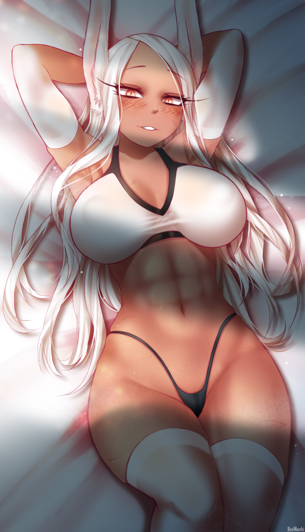 1girls, 2023, abs, animal ears, arms behind head, arms up, athletic, athletic female, breasts, dark skin, dark-skinned female, female, female only, fit, fit female, high waisted thong, highres, kemonomimi, large breasts, laying on bed, long hair, looking at viewer, mature female, miruko, muscular, muscular female, my hero academia, rabbit ears, red eyes, reowocchi, rumi usagiyama, solo, sports bra, stockings, thick thighs, thighhighs, thong, variant, variant set, white hair, wide hips