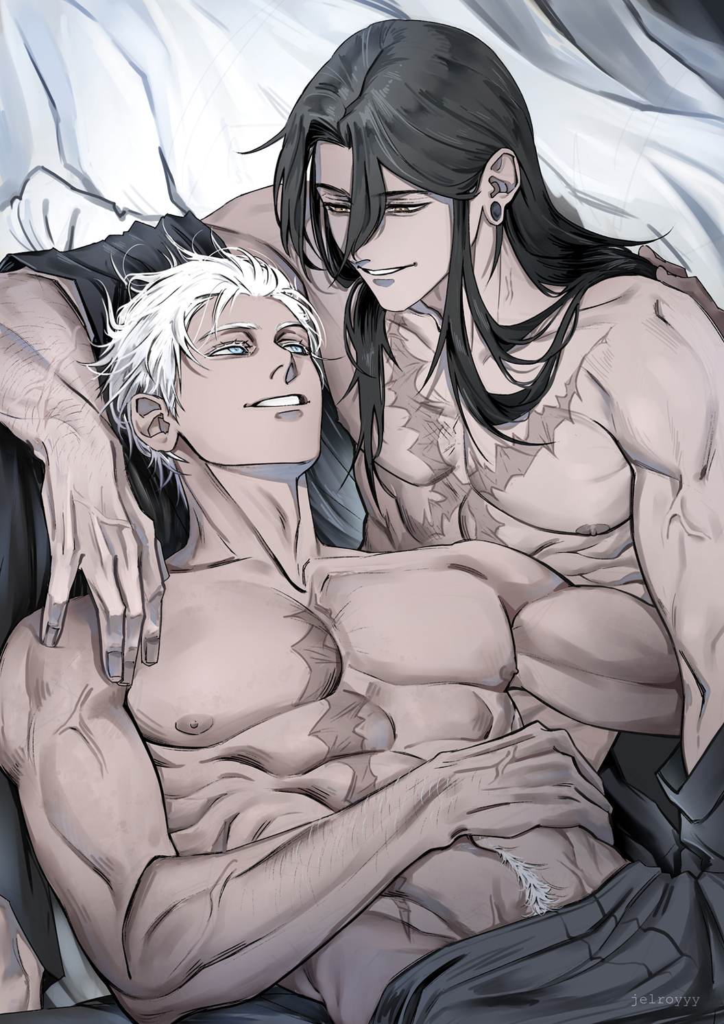 2boys black_hair black_pants blue_eyes couple gay head_in_crotch in_love jujutsu_kaisen looking_at_partner love male/male muscular_male pants pubic_hair satoru_gojo scar semi_nude shirtless suguru_geto touching veiny_breasts veiny_muscles white_hair yaoi