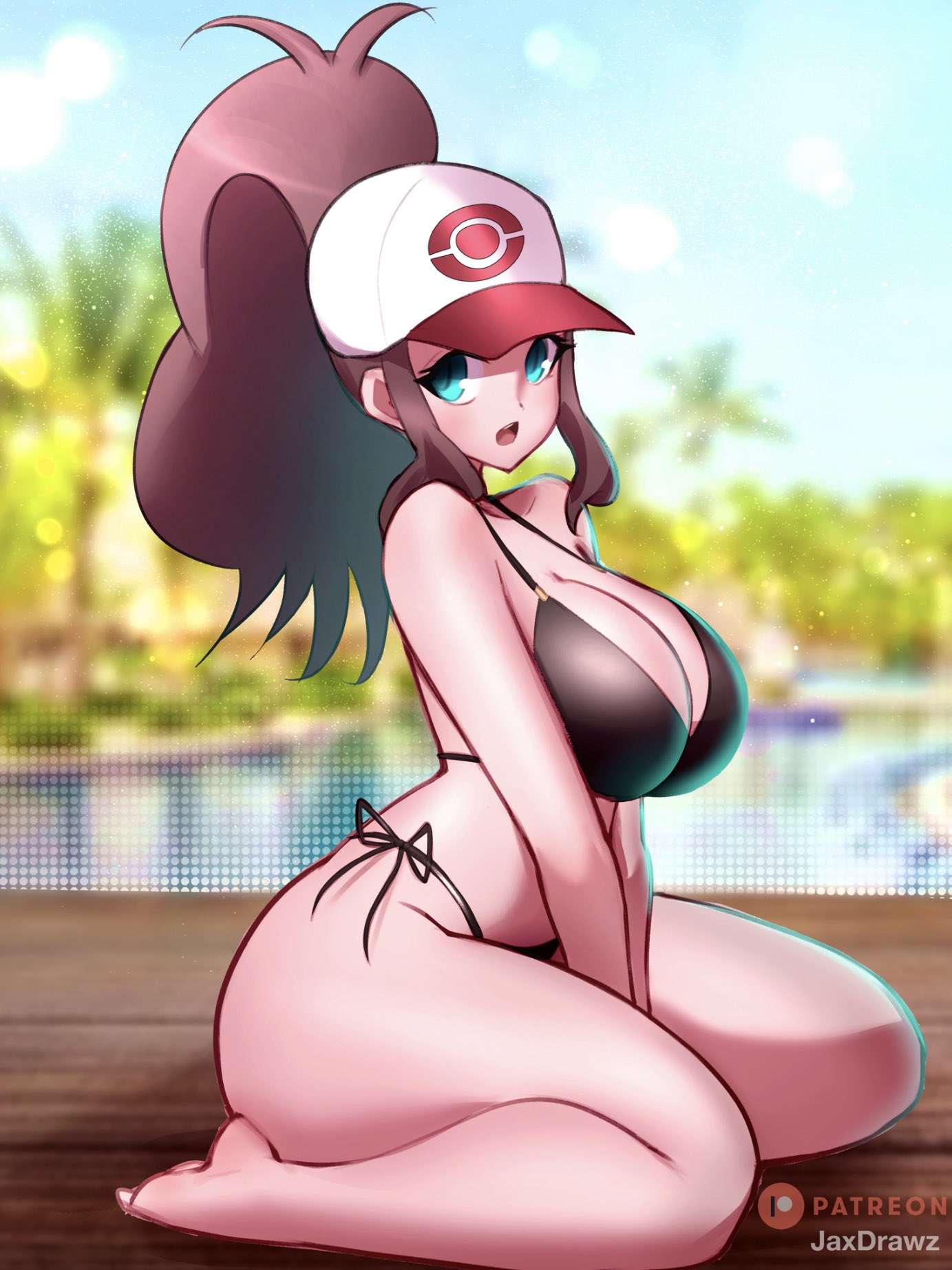 1girls, baseball cap, big breasts, bikini, bikini bottom, bikini top, black bikini, blue eyes, bottomwear, breasts, brown hair, cleavage, feet, female, female only, game freak, hair, hat, headwear, hilda (pokemon), huge breasts, jaxartdump, large breasts, pokemon, pokemon bw, ponytail, solo, solo female, swimwear, thighs, topwear