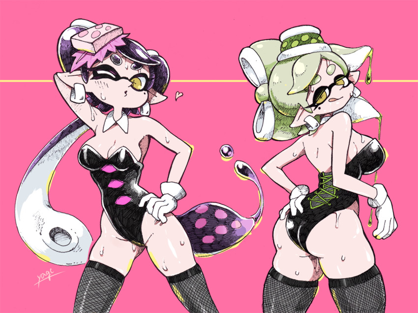 2girls, animal humanoid, anthro, ass, black hair, breasts, callie (splatoon), cephalopod, cephalopod humanoid, color, domino mask, female, female only, humanoid, inkling, leotard, long hair, marie (splatoon), mask (marking), multiple females, nintendo, pink background, pointy ears, pose, pseudo hair, simple background, splatoon, splatoon (series), squid, squid sisters, standing, stockings, sweat, tentacle, tentacle hair, white hair, yuta agc