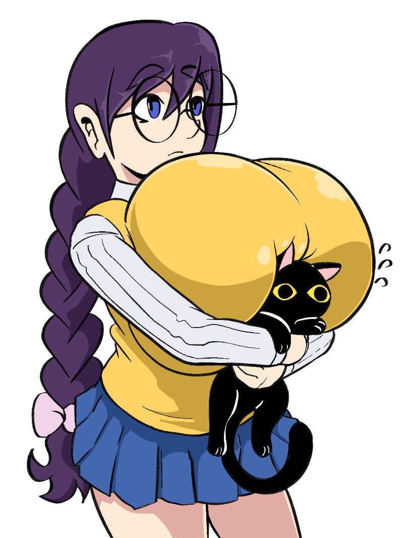 feline glasses huge_breasts kingmelon original original_character purple_hair sweater tagme