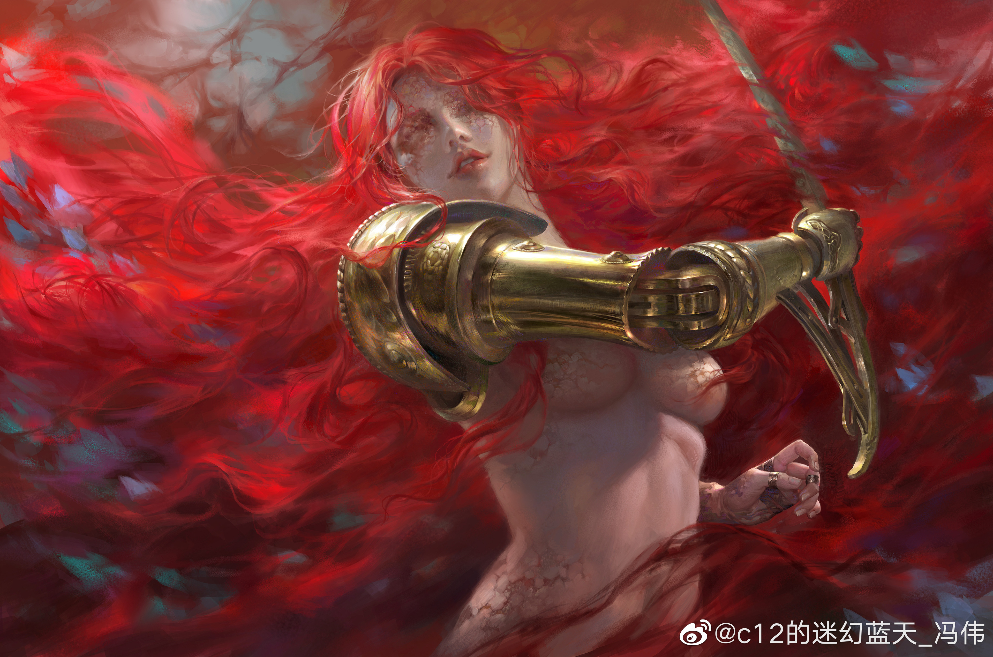1girls, artistic nude, big breasts, breasts, elden ring, female, female only, fengweic12, fromsoftware, goddess, light skin, light-skinned female, malenia blade of miquella, milf, painting (artwork), red hair, sword, tasteful nudity, underboob, very long hair