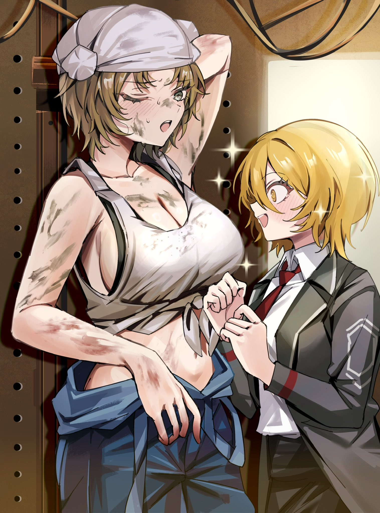 2girls, arms behind back, big breasts, blonde hair, blush, bra, breasts, clothing, croptop, dirty, don quixote (limbus company), female, green eyes, hand on hip, hat, library of ruina, limbus company, looking down, olga (library of ruina), project moon, short hair, smile, sparkles, sweat, sweatdrop, yellow eyes