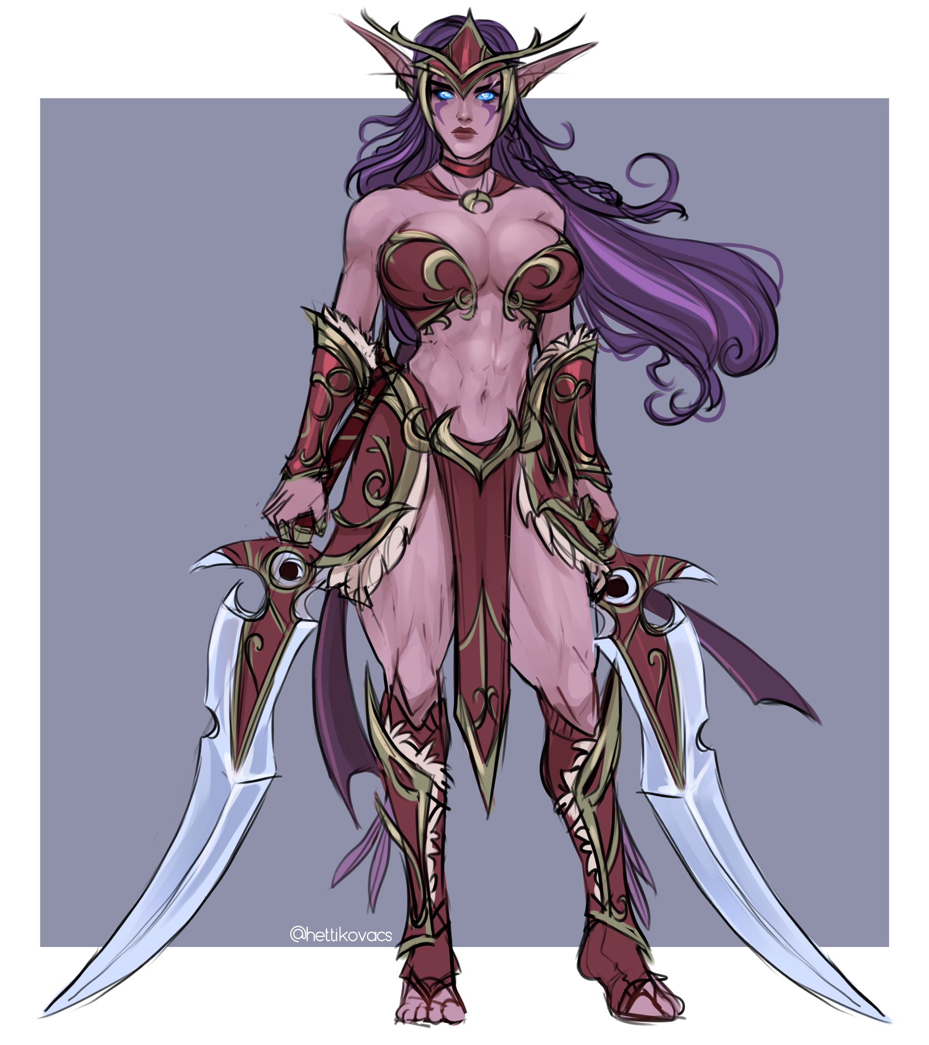 1girls, 2023, 2d, abs, armor, big breasts, blue eyes, breasts, busty, choker, clothed, clothed female, clothing, curvy, curvy body, curvy female, curvy figure, elf, elf ears, feet, female, female only, glowing eyes, hettikovacs, loincloth, looking at viewer, muscular, muscular female, muscular legs, muscular thighs, night elf, pink skin, pointy ears, pose, posing, purple hair, purple skin, solo, sword, thighs, toes, warcraft, world of warcraft, wow