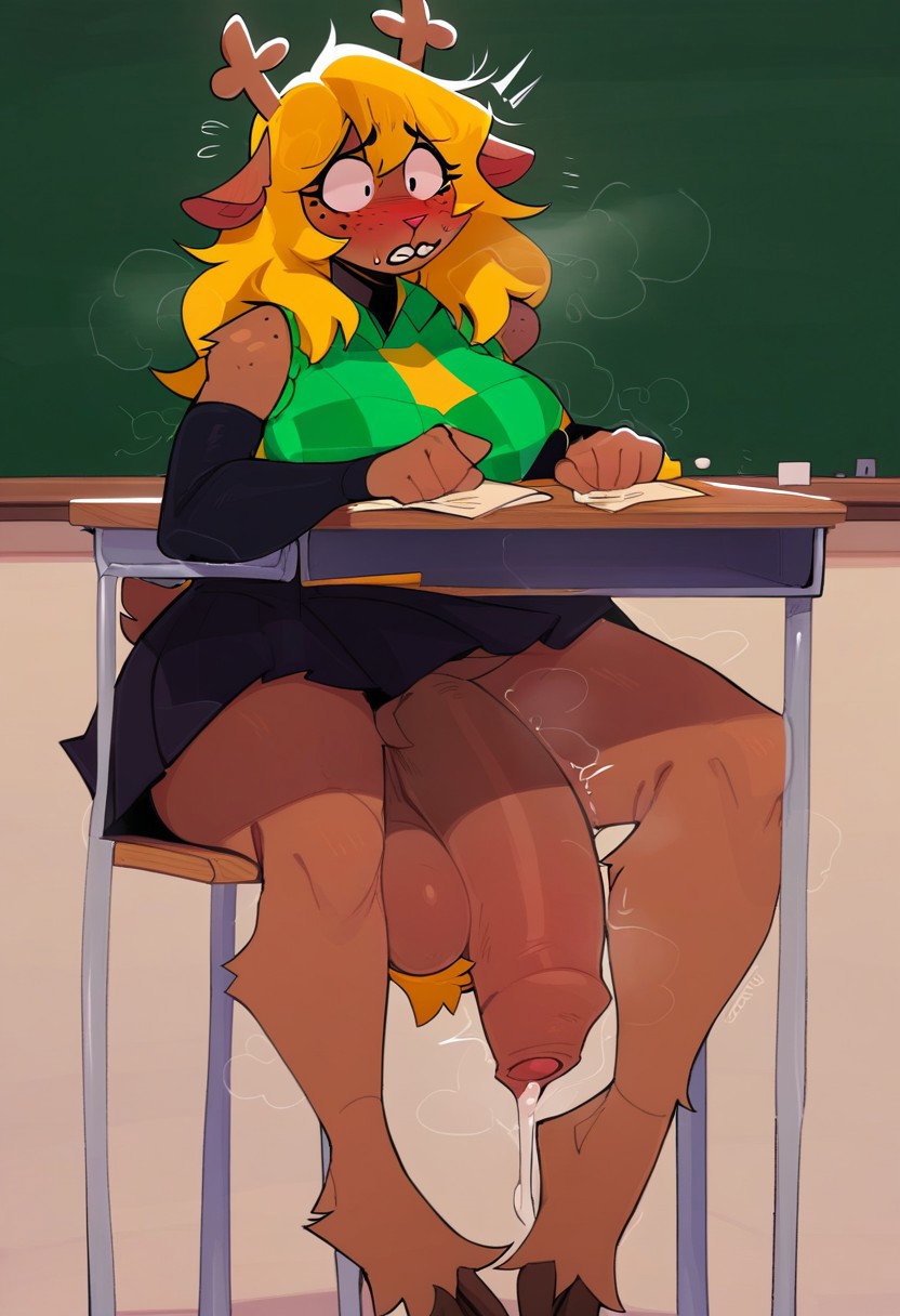 1futa ai_generated antlers arm_warmers armwear artist_request ball_tuft balls big_balls big_breasts big_penis blonde_hair blush breasts brown_body brown_fur checkered_shirt classroom clothed clothes clothing cum deltarune desk fluffy foreskin freckles futa_only futanari green_sweater grey_skirt hooves noelle_holiday penis precum precum_drip skirt small_antlers solo solo_futa wide_hips