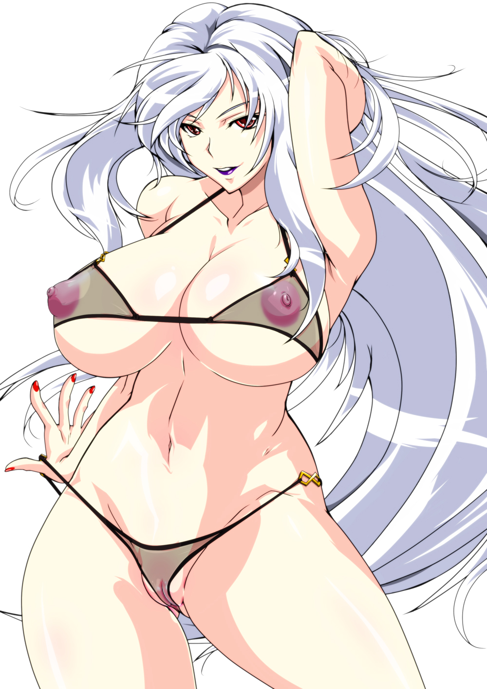 areolae bikini black_bikini bra breasts censored curvy female freia_kagami highres huge_breasts large_breasts lipstick long_hair looking_at_viewer nail_polish navel nipples panties parted_lips puffy_nipples purple_lipstick pussy red_eyes see-through silver_hair simple_background smile solo standing underwear underwear_only very_long_hair white_background wrestle_angels wrestle_angels_survivor wrestle_angels_survivor_2