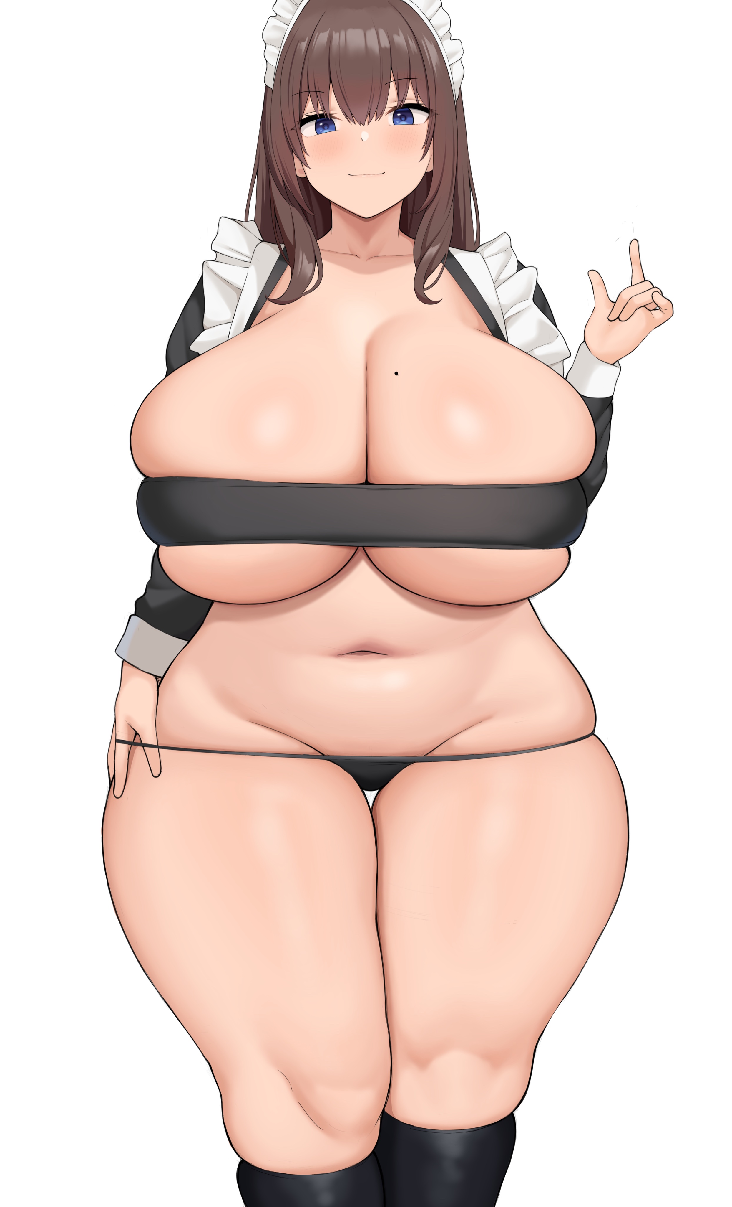 1girls, blue eyes, breasts, brown hair, chubby, female, huge breasts, light skin, light-skinned female, long hair, maid, maid headdress, male, neneneji, original, original character, penis, small penis gesture, small penis humiliation, thick thighs, voluptuous, wide hips