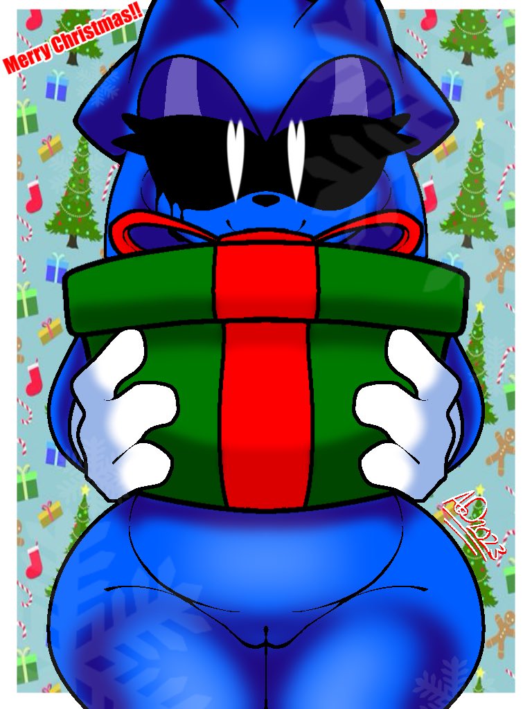 black_sclera blue_body blue_fur christmas curvaceous curvy_female curvy_figure eyeshadow fanon female friday_night_funkin friday_night_funkin_mod gift_box gloves half-closed_eyes heart-shaped_pupils holding_object looking_at_viewer presents pussy smile solo sonic.exe_(series) sonic_(series) spicyboi standing tagme thick_thighs white_eyes wide_hips