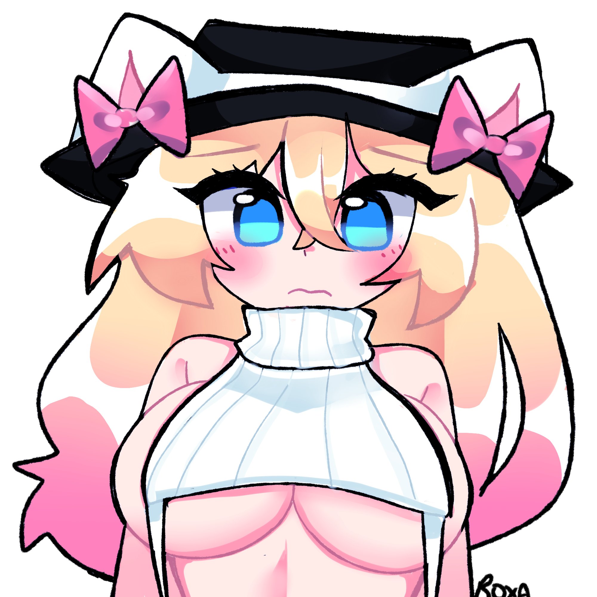 1girls, artist signature, blue eyes, blush, breasts, cat ears, fedora, female, gradient hair, roblox, roblox avatar, robloxian, roxa (roxapox), roxapox, simple background, tagme, underboob, virgin destroyer sweater, virgin killer sweater