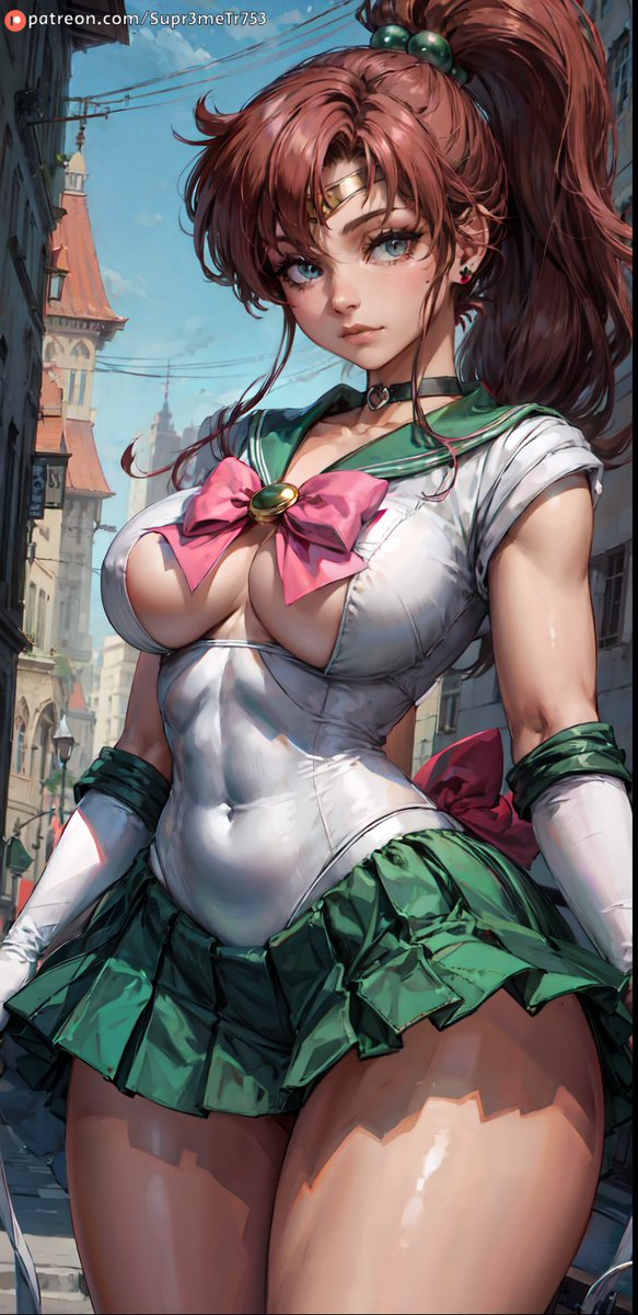 ai generated, bishoujo senshi sailor moon, blue eyes, breasts, cleavage, clothing, curvaceous, curvy, curvy body, curvy female, curvy figure, female, female only, fit, fit female, gloves, large breasts, makoto kino, medium breasts, sailor collar, sailor jupiter, sailor uniform, seductive look, skirt, small waist, supr3metr, thick, thick thighs, wide hips