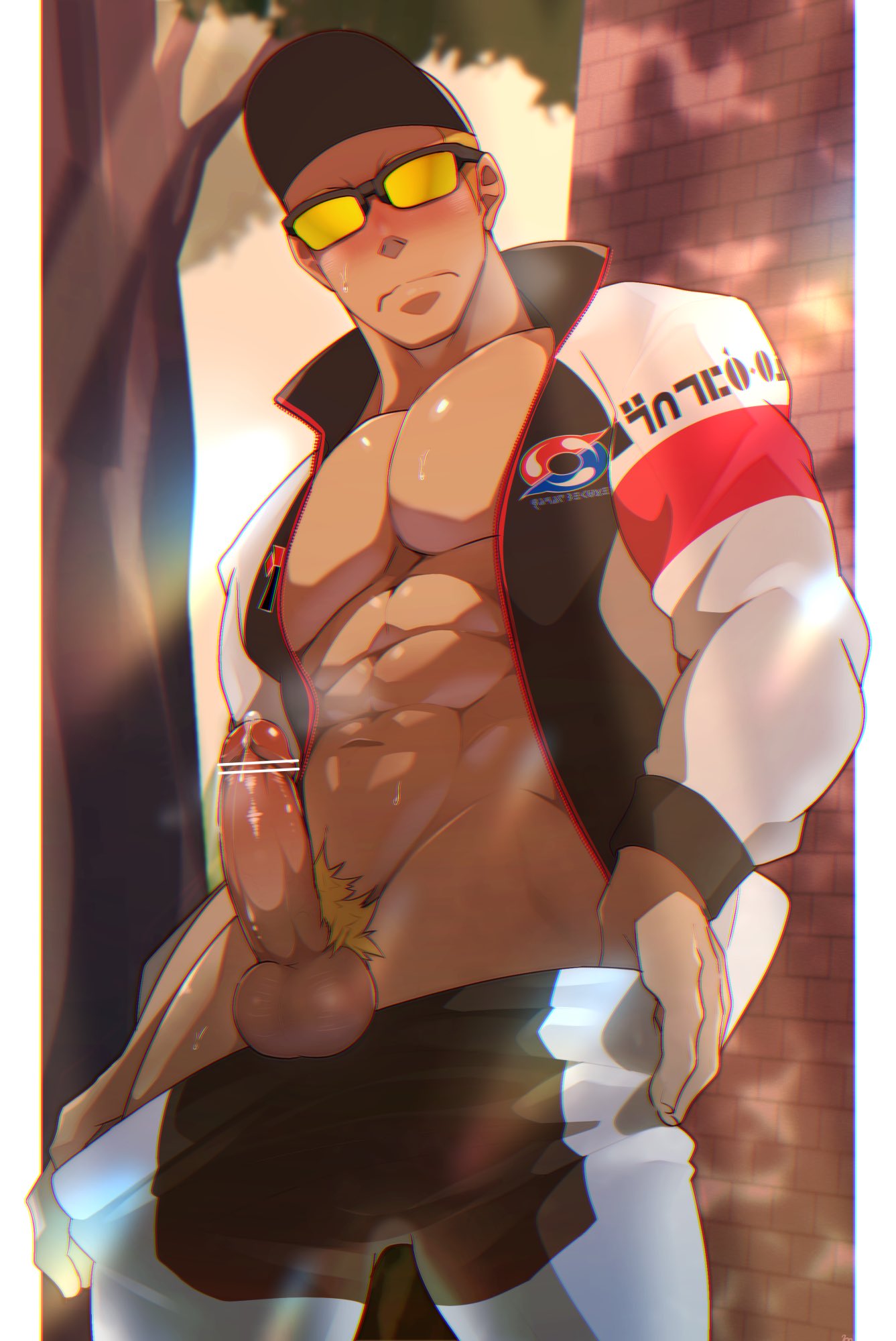 1boy, 2019, bara, baseball cap, blonde hair, blush, brick wall, censor bar, cowboy shot, crow (siranui), ejaculation, embarrassed, hat, highres, jacket, macro cosmos's (pokemon), male, male only, muscular, muscular male, navel, npc trainer, open jacket, pants down, pecs, pectorals, pointless censoring, pokemon, pokemon ss, precum, pubic hair, six pack, solo, solo male, sunglasses, sweat, toned, toned male, tree, undressing, wall, yaoi, yellow-tinted eyewear