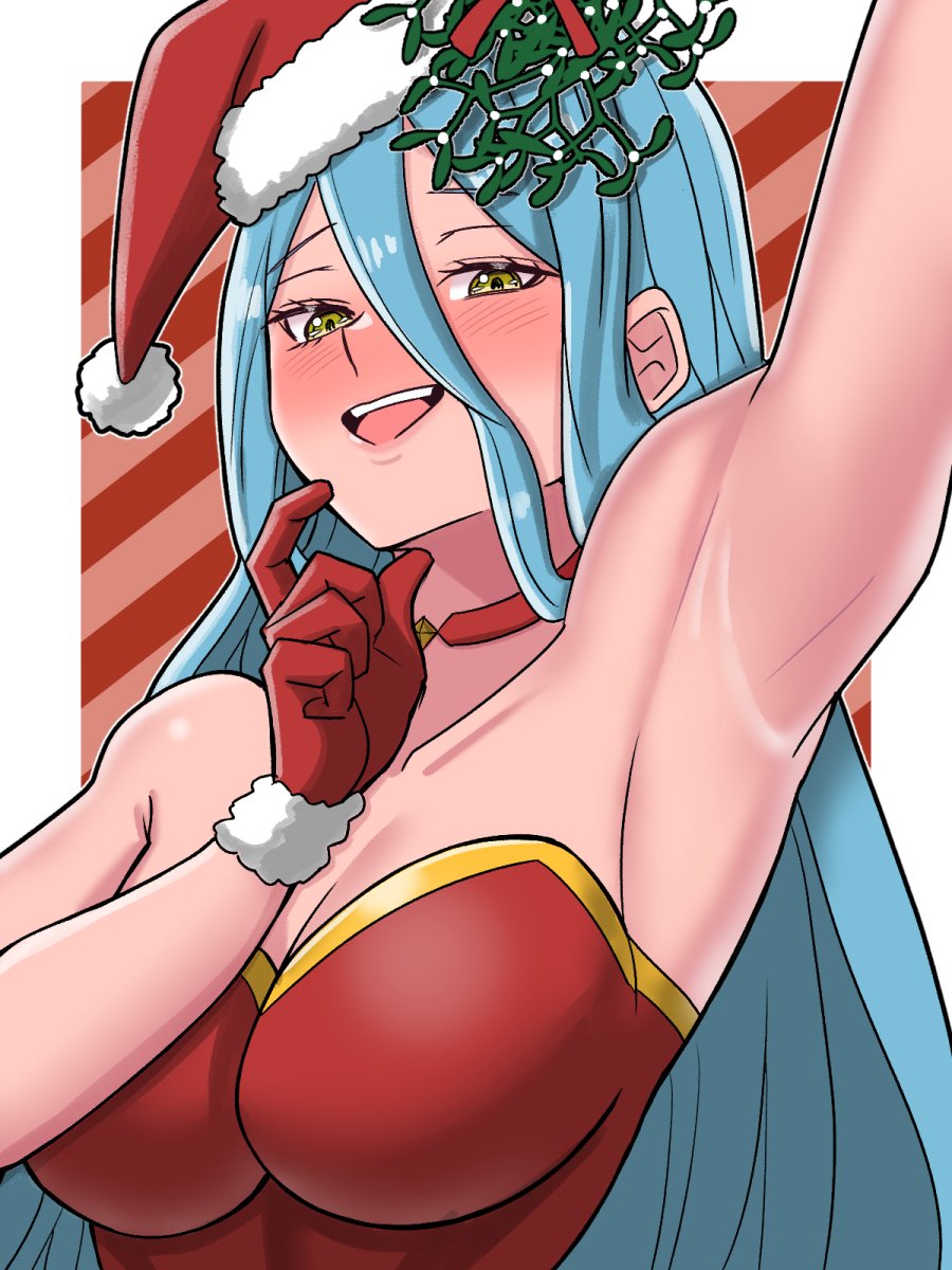 1girls alternate_costume arm_up armpits azura_(fire_emblem) blue_hair breasts christmas christmas_headwear christmas_outfit cleavage female female_only fire_emblem fire_emblem_fates large_breasts looking_at_viewer mistletoe mnejing nintendo pov solo yellow_eyes