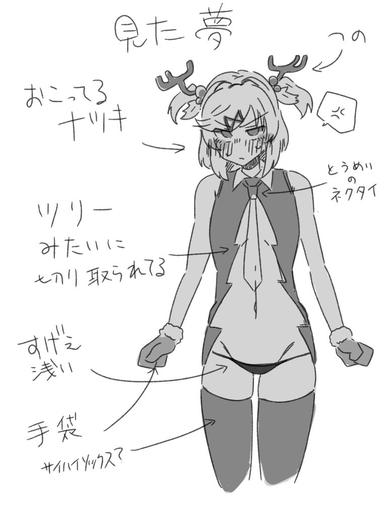 1girls anger_vein arrow_(symbol) bare_shoulders blush blush_lines blushing doki_doki_literature_club female female_only kentylevel monochrome natsuki_(doki_doki_literature_club) navel neck_tie necktie panties solo text tie