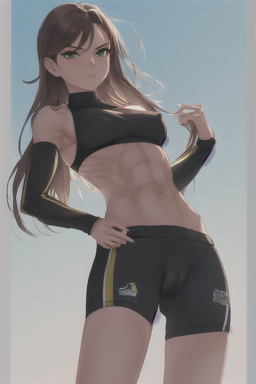 abs ai_generated arm_sleeves brown_hai brown_hair_female cameltoe dominant dominant_female green_eyes gym_shorts looking_at_viewer looking_down looking_down_at_viewer muscular muscular_female see_through see_through_clothing skin_tight skin_tight_outfit small_breasts sports_bra sportswear stable_diffusion thighs