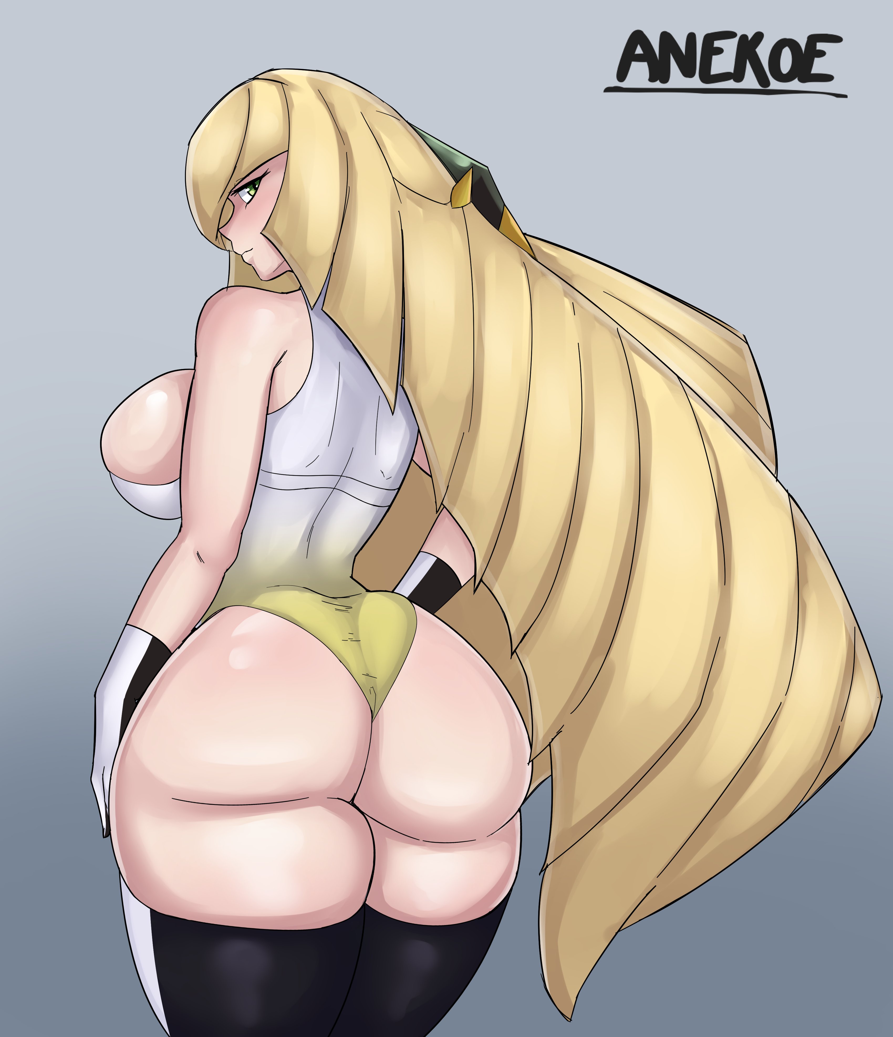 1girls, alternate version available, anekoe98, armwear, ass, back, back view, backboob, big ass, big breasts, black thighhighs, blonde hair, breasts, clothing, female, female only, game freak, gloves, green eyes, huge ass, huge breasts, legwear, leotard, long hair, looking back, lusamine (pokemon), mature, mature female, milf, pokemon, pokemon sm, solo, solo female, thick thighs, thighhighs, thighs, white leotard