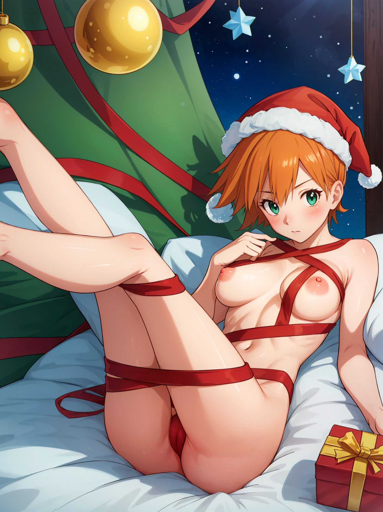 ai generated, asymmetrical hair, bandages, belly, blush, breasts, christmas, christmas hat, creatures (company), female, full body, game freak, gen 1 pokemon, hair, high heels, huge breasts, kasumi (pokemon), large breasts, legs, navel, nintendo, orange hair, piercing, pokemon, pokemon rgby, ponytail, red choker, ribbon, short hair, solo, standing, thick thighs, thighs, toes