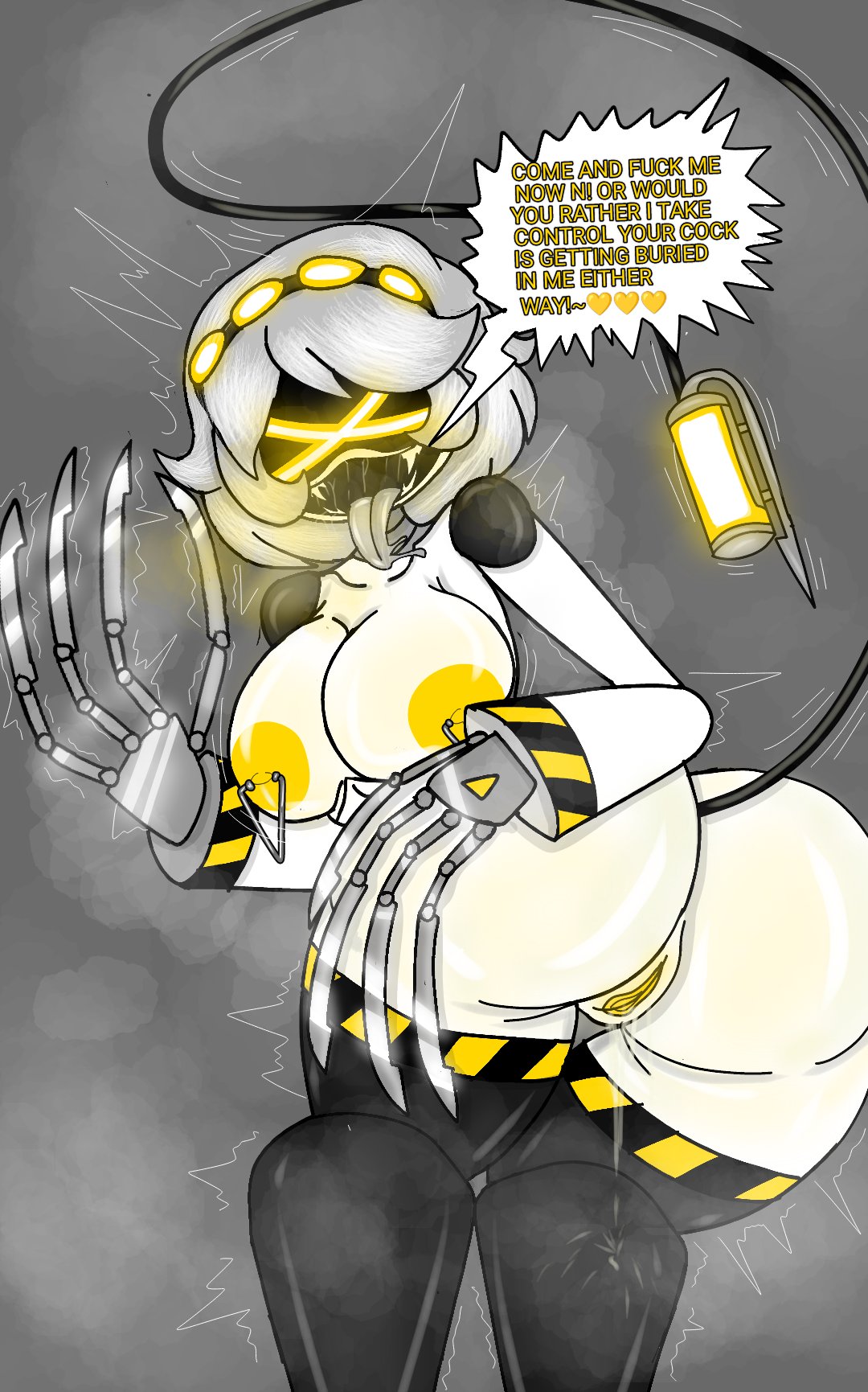 anus, areola, ass, ass focus, big areola, big ass, big breasts, big thighs, breasts, claws, dialogue, dialogue box, drone, female, female only, huge areola, huge ass, huge breasts, huge thighs, looking at another, murder drones, nipples, paleshade, pierced nipples, piercing, pussy, pussy juice, pussy juice drip, robot, robot girl, saliva, salivating, short hair, silver hair, tagme, text, thick hips, thick thighs, thighs, tongue, tongue out, v (murder drones), wet pussy, yellow eyes