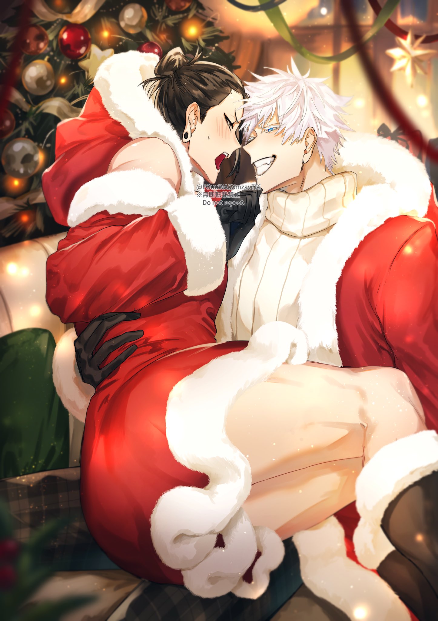 2boys, angry face, ass, big ass, big butt, black gloves, black hair, blue eyes, christmas clothing, christmas headwear, christmas outfit, christmas tree, color, couple, curvy figure, excited, gay, gold eyes, hand on hip, in love, jujutsu kaisen, kitchen, looking at partner, looking pleasured, male, male on bottom, male on top, male/male, muscular, muscular male, red dress, santa costume, satoru gojo, sitting on lap, sitting on person, skintight, smile, smirking, suguru geto, white hair
