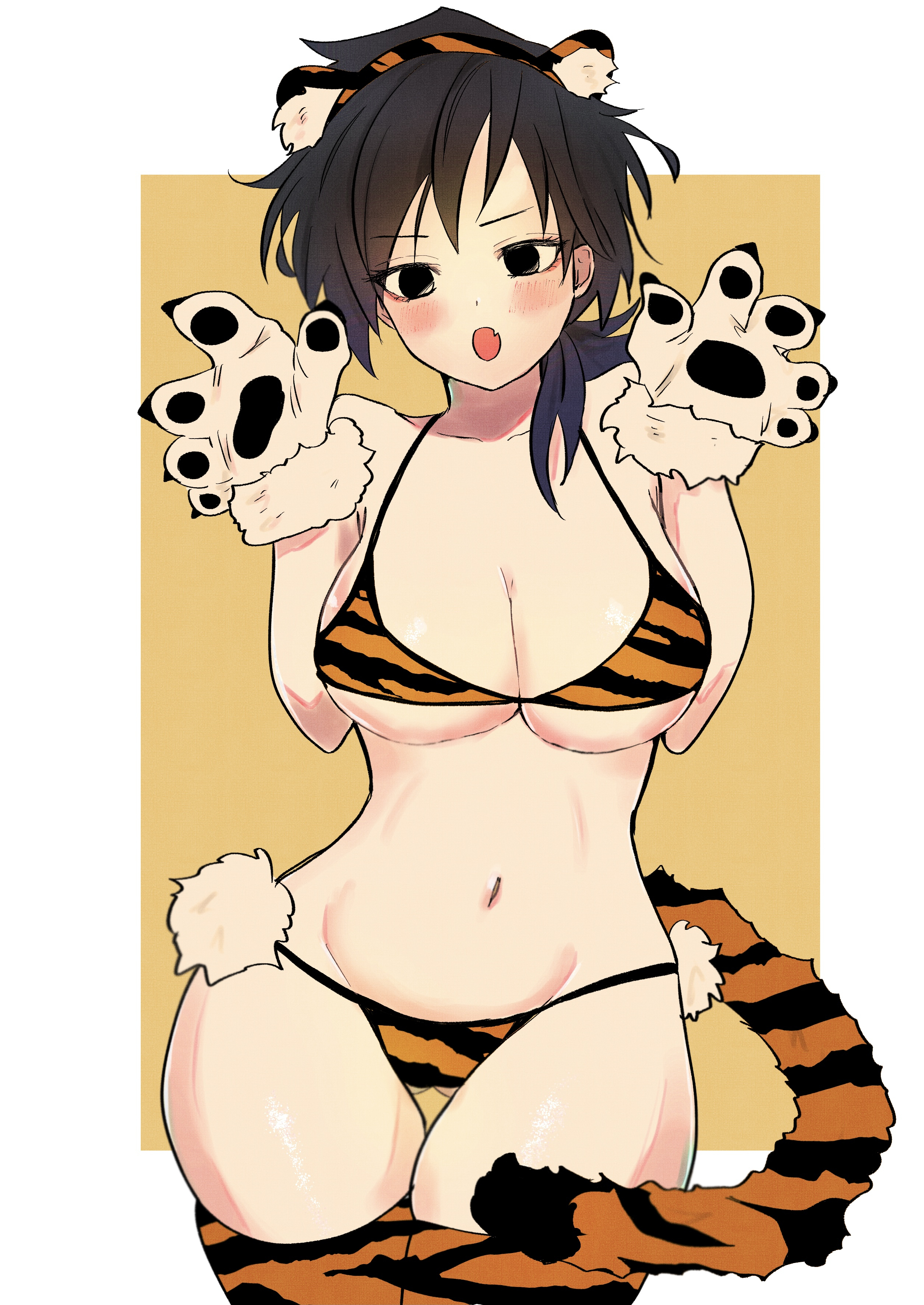 big breasts, bikini, black eyes, black hair, blue eyes, blush, breasts, cleavage, demon slayer, female, female only, genderswap, genderswap (mtf), kimetsu no yaiba, looking at viewer, nenedon, oerba yun fang, paw gloves, ponytail, rule 63, thigh gap, thighhighs, tiger ears, tiger girl, tiger print, tiger print bikini, tiger tail, tomioka giyuu, underboob, wide hips
