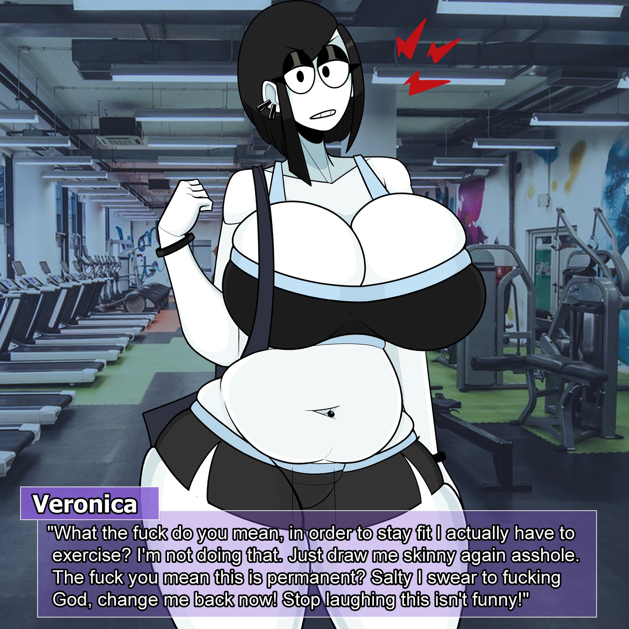 1girls, annoyed, bag, big breasts, black hair, black shorts, breasts, chubby, chubby female, cowboy shot, dialogue, ear piercing, facing viewer, female, goth, goth girl, grammatical error, gym, huge breasts, indoors, looking at viewer, navel piercing, pale skin, piercing, saltynoodles, shorts, solo, sports bra, standing, talking to artist, text, text box, thick thighs, treadmill, veronica (saltynoodles), white skin, wide hips