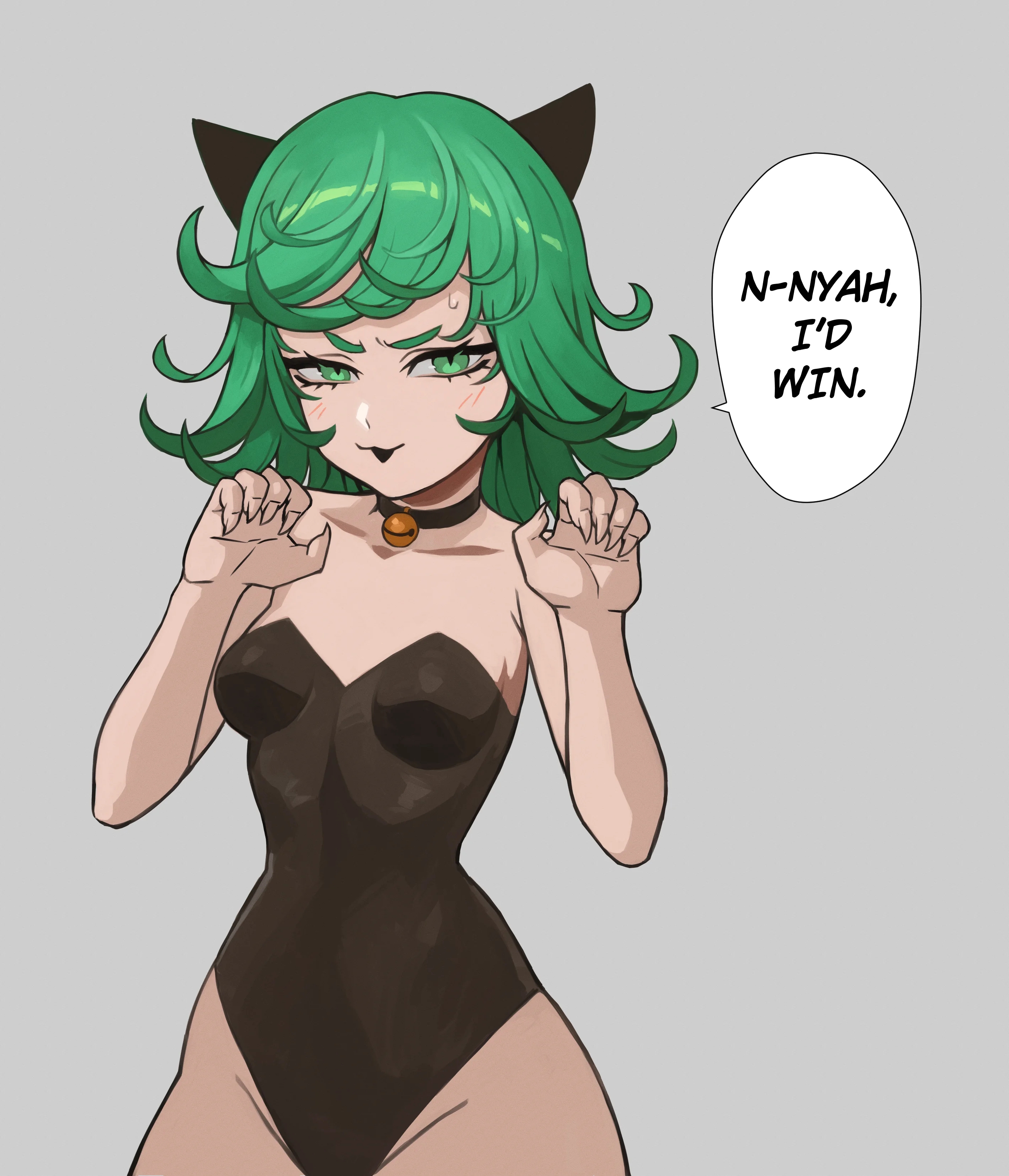 1girls, artist request, breasts, bunnysuit, cat girl, catgirl, collar, english text, female, female only, green eyes, green hair, jujutsu kaisen, leotard, meme, moggle bear, nah id win, one-punch man, small breasts, solo, tatsumaki, text
