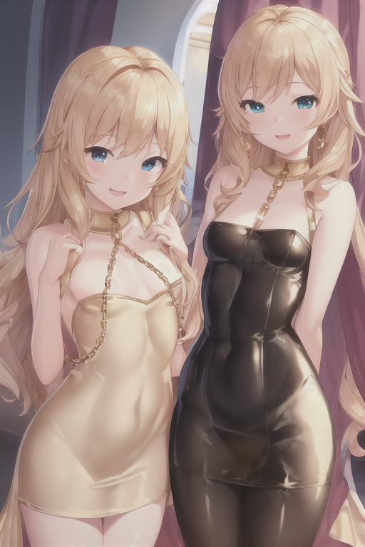 2girls ai_generated black_dress blonde_hair blonde_hair_female gold_chain gold_jewelry golden_dress looking_at_viewer see-through see-through_clothing skin_tight skin_tight_outfit small_breasts stable_diffusion