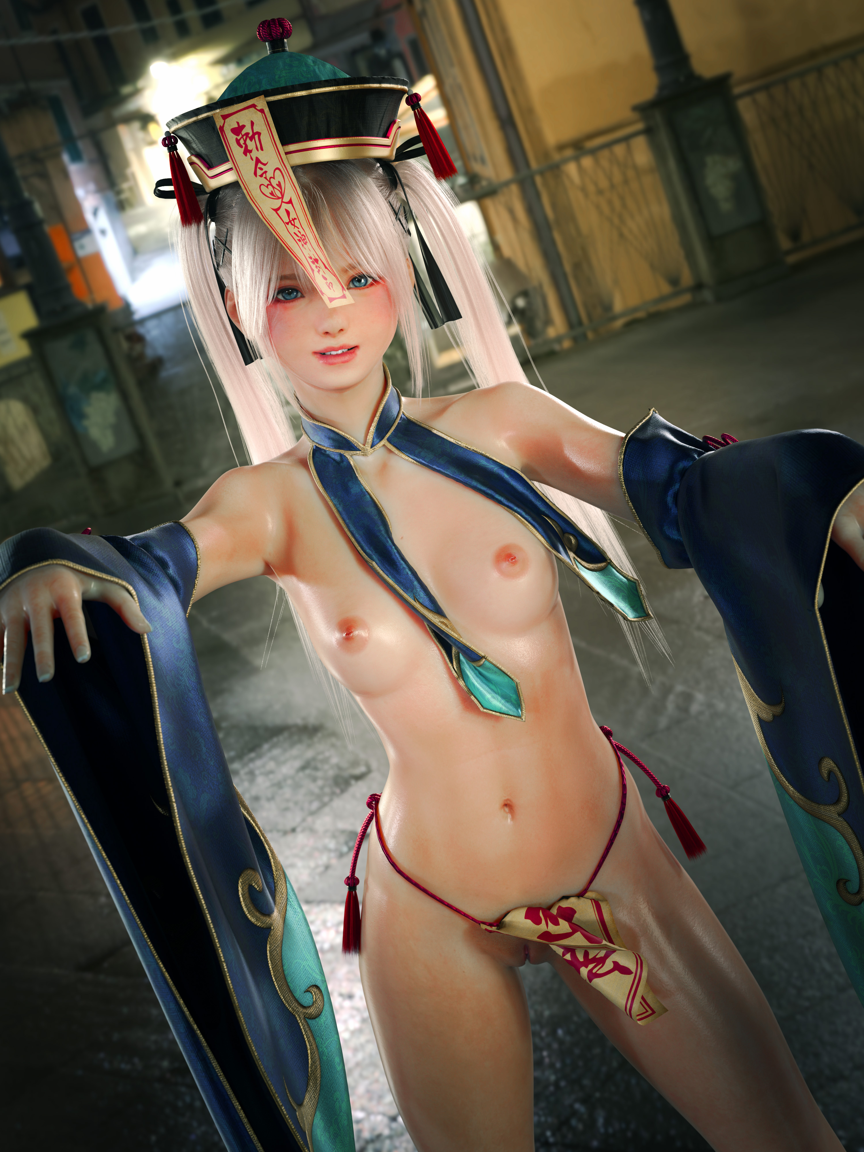 1girls, 3d, bellmav, blonde hair, blue eyes, blush, breasts, censored, censored pussy, dead or alive, female, incise soul, jiangshi, jiangshi costume, long hair, looking at viewer, m-rs, marie rose, panties aside, pussy, solo, standing, twintails