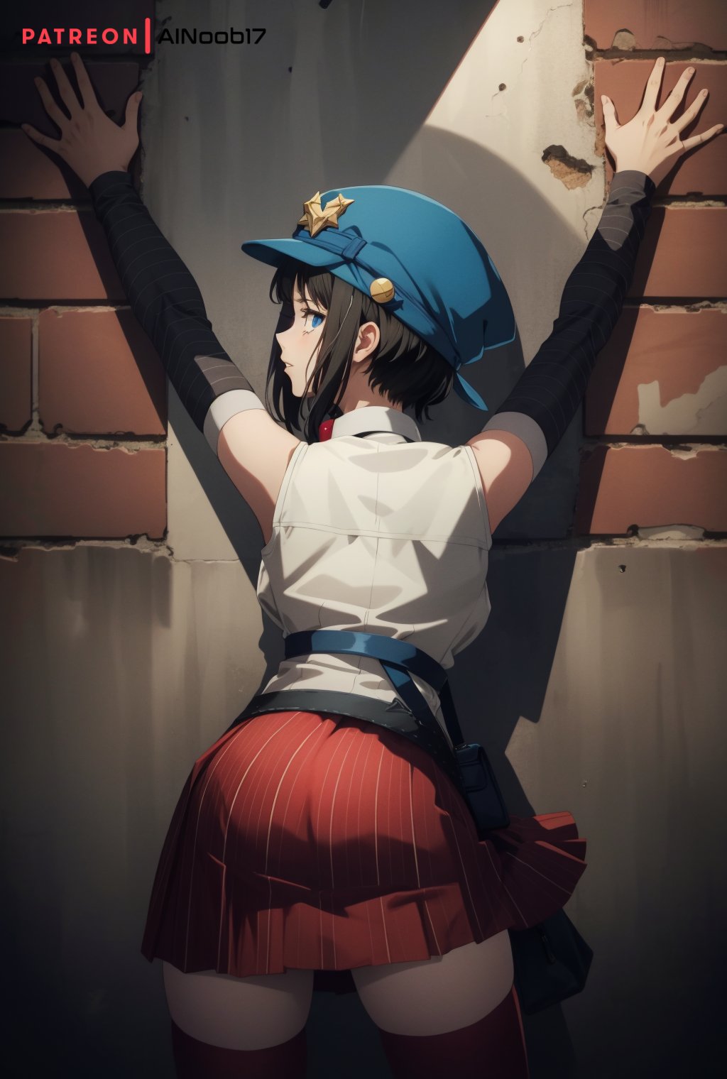 against wall, ai generated, ainoob17, ass, black hair, female, marie (persona 4), persona, persona 4, short hair, stable diffusion, tagme