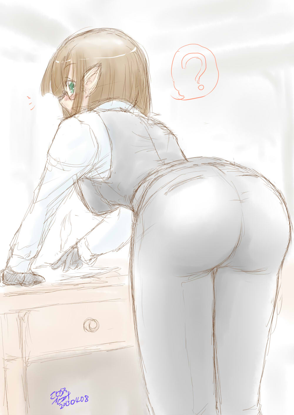 1girls ? ass bent_over big_ass big_breasts blush breasts brown_hair busty come_hither confused desk dungeon_ni_deai_wo_motomeru_no_wa_machigatteiru_darou_ka eina_tulle elf fat_ass female female_only formal_clothes from_behind glasses green_eyes highres huge_ass large_breasts legs looking_at_viewer looking_back mature_female milf oekaki office_lady pants pointy_ears pose posing sensual short_hair solo thighs voluptuous