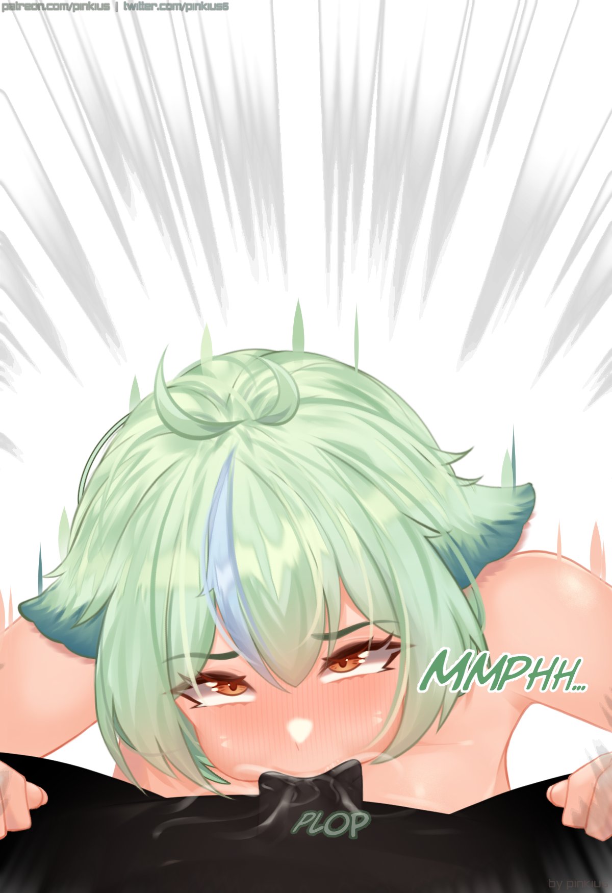 1girls, areolae, big breasts, big penis, blowjob, blush, breasts, completely nude, deepthroat, english text, fellatio, female, genshin impact, hilichurls (species), huge breasts, huge cock, interspecies, large breasts, large penis, light skin, long penis, male, monster, monster pov, nipples, nude, nude female, oral, penis, pinkius, pitch-black skin, sucking, sucking penis, sucrose (genshin impact), uncensored, white background