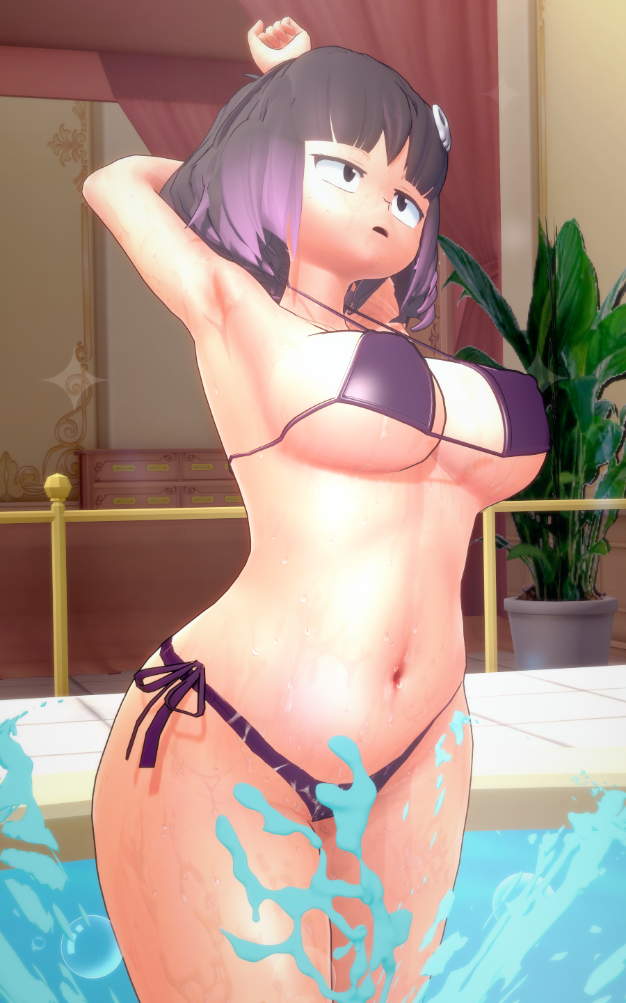 3d 3d_(artwork) arms_behind_back arms_behind_head ass big_ass big_breasts bikini bikini_bottom bikini_top black_eyes black_hair breasts hilda_(series) huge_ass huge_breasts kaisa_(hilda) koikatsu large_ass large_breasts navel pale-skinned_female pale_skin papaoso purple_bikini purple_bikini_bottom purple_bikini_top purple_hair short_hair stretch stretching thick thick_ass thick_body thick_breasts thick_butt thick_hips thick_legs thick_thighs thighs two_tone_hair voluptuous voluptuous_female wide_hips