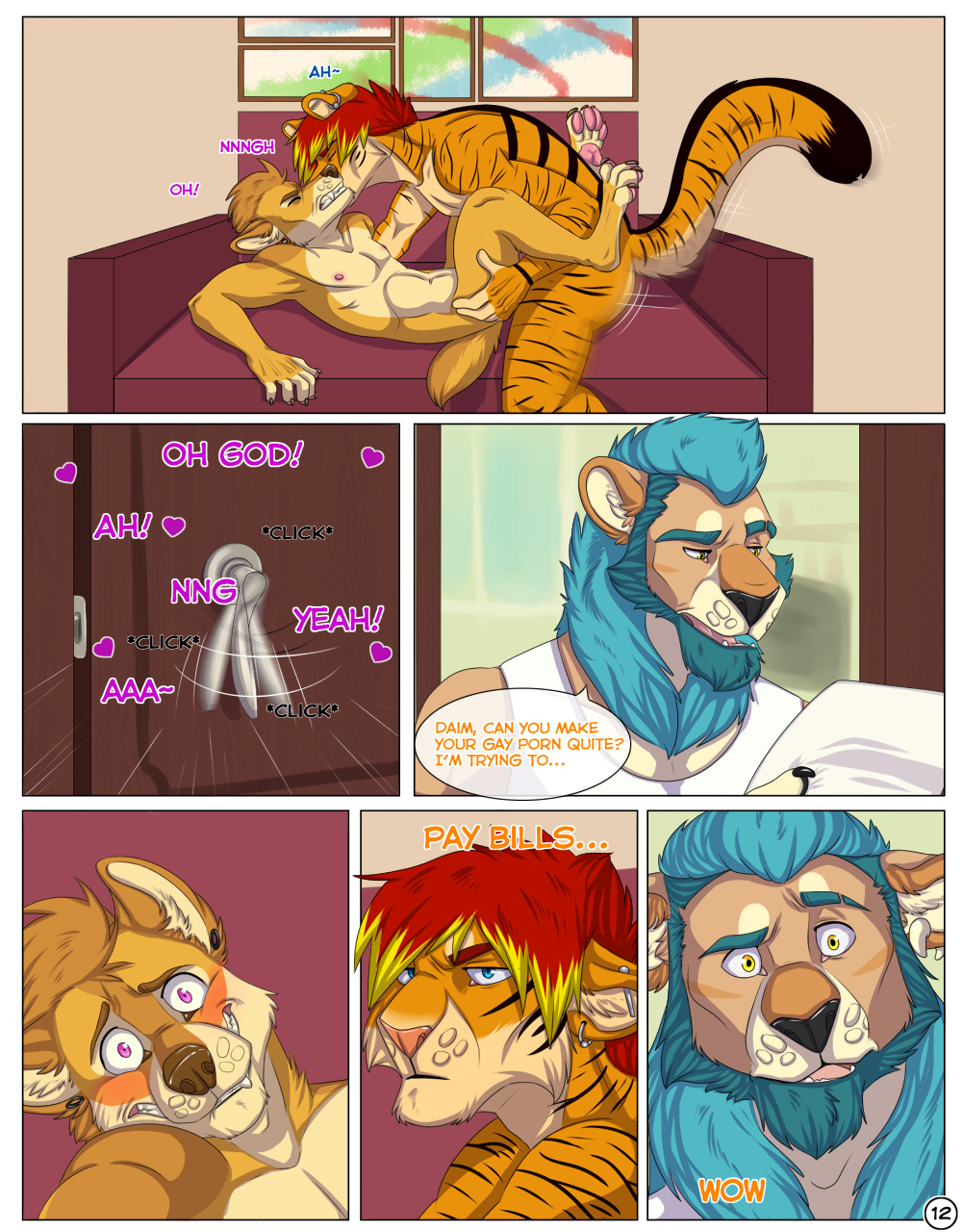 anthro balls blue_eyes blush canine comic dialogue english_text erection feline heart male mammal mr._baton nude penis piercing purple_eyes sex text tiger yaoi yellow_eyes