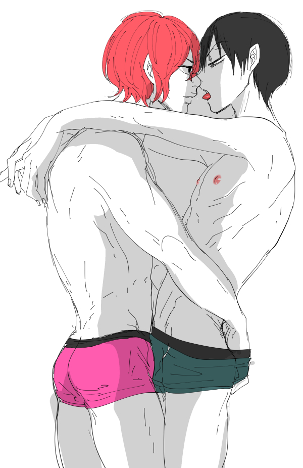 2boys against_wall arakita_yasutomo ass bulge frottage male_only multiple_boys muscle nipples partially_colored shinkai_hayato tongue topless underwear white_background yaoi yowamushi_pedal