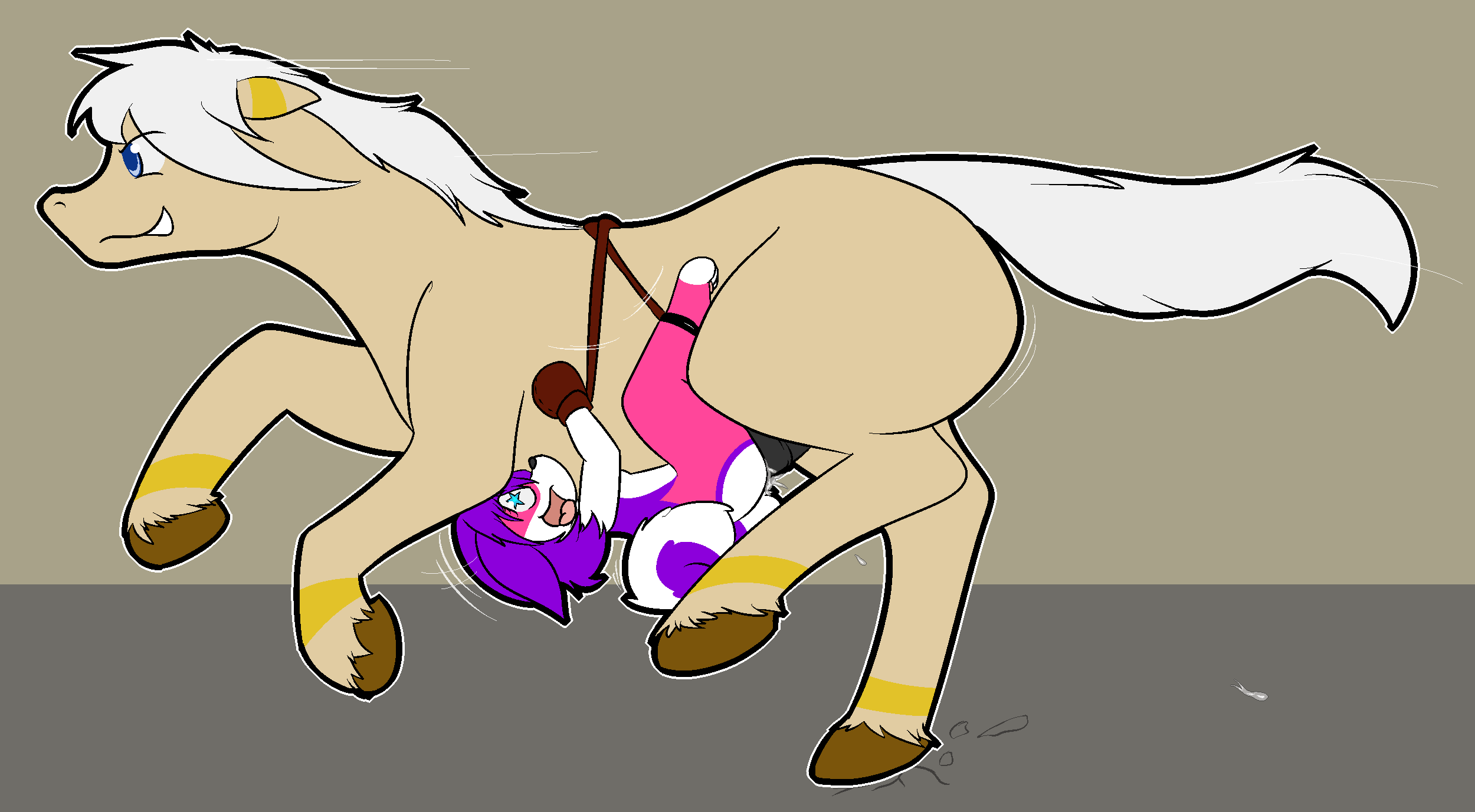 anthro anthro_on_feral belly_riding blue_eyes bound canine duo equine female female_on_feral feral hair hooves horse leashed_to_genitals male mammal penetration planeshifterlair purple_hair restrained sex straight undercarriage vaginal_penetration white_hair zoophilia