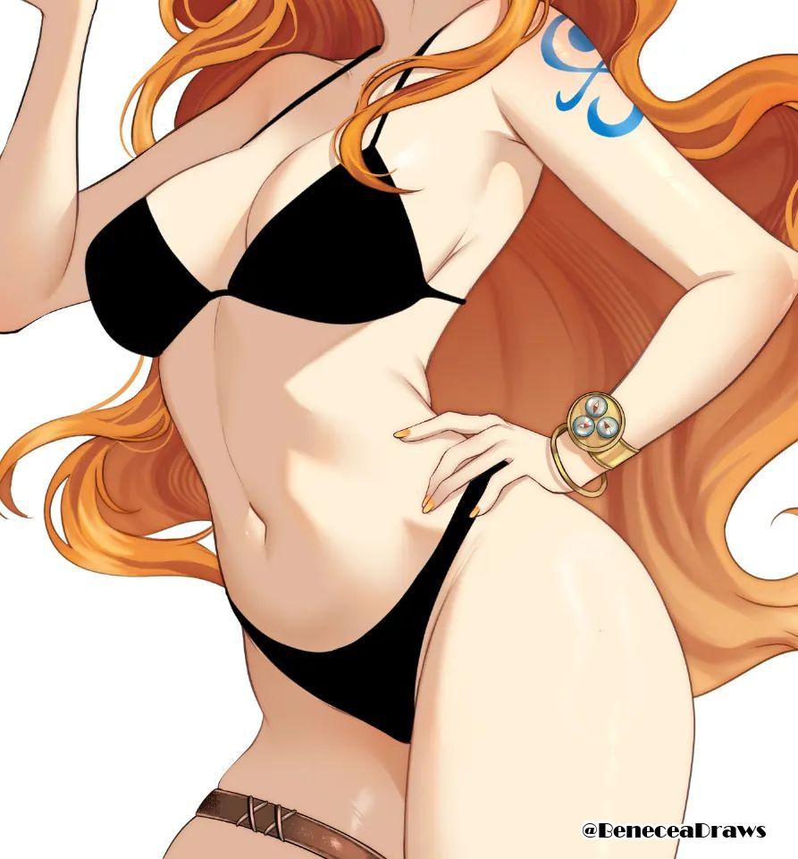, 1girls, 2d, 2d (artwork), 2d artwork, adult, adult female, alternate version at source, alternate version available, arm tattoo, armpits, baddie, bare armpits, bare arms, bare belly, bare chest, bare hands, bare hips, bare legs, bare midriff, bare navel, bare shoulders, bare skin, bare thighs, belly, belly button, beneceadraws, bewitching thighs, big boobs, big breasts, bikini, bikini bottom, bikini only, bikini top, black bikini, black bikini bottom, black bikini top, black swimsuit, black swimwear, blue tattoo, bracelet, breasts, breasts apart, busty, busty female, busty girl, child bearing hips, cleavage, collarbone, curvaceous, curvaceous body, curvaceous female, curvaceous figure, curvaceous hips, curvy, curvy body, curvy female, curvy figure, curvy hips, digital, digital art, digital drawing, digital drawing (artwork), digital media, digital media (artwork), drawing, elbows, exposed armpits, exposed arms, exposed belly, exposed chest, exposed hips, exposed legs, exposed midriff, exposed navel, exposed shoulders, exposed skin, exposed thighs, female, female focus, female only, fertile hips, fingernails, fingers, fit female, ginger, ginger hair, groin, half naked, half nude, halterneck, high resolution, highres, hourglass figure, inframammary fold, inguinal crease, inguinal ligament, large boobs, large breasts, lean figure, linea alba, log pose, long hair, mature, mature female, midriff, nail polish, nails, naked, naked female, naked woman, nami (one piece), narrow waist, navel, nipple bulge, nude, nude female, nudity, one piece, orange eyebrows, orange fingernails, orange hair, orange hair female, orange nail polish, orange nails, orange-haired female, posing, posing for the viewer, posing naked, posing nude, post-timeskip, semi nude, shoulders, shueisha, simple background, slender body, slender waist, slim female, slim waist, solo, standing, stomach, string bikini, swimsuit, swimwear, tattoo, tattoo on arm, tattooed arm, thick thighs, thighband, thighs, toei animation, underboob, upper body, wavy hair, weekly shonen jump, white background, wide hips