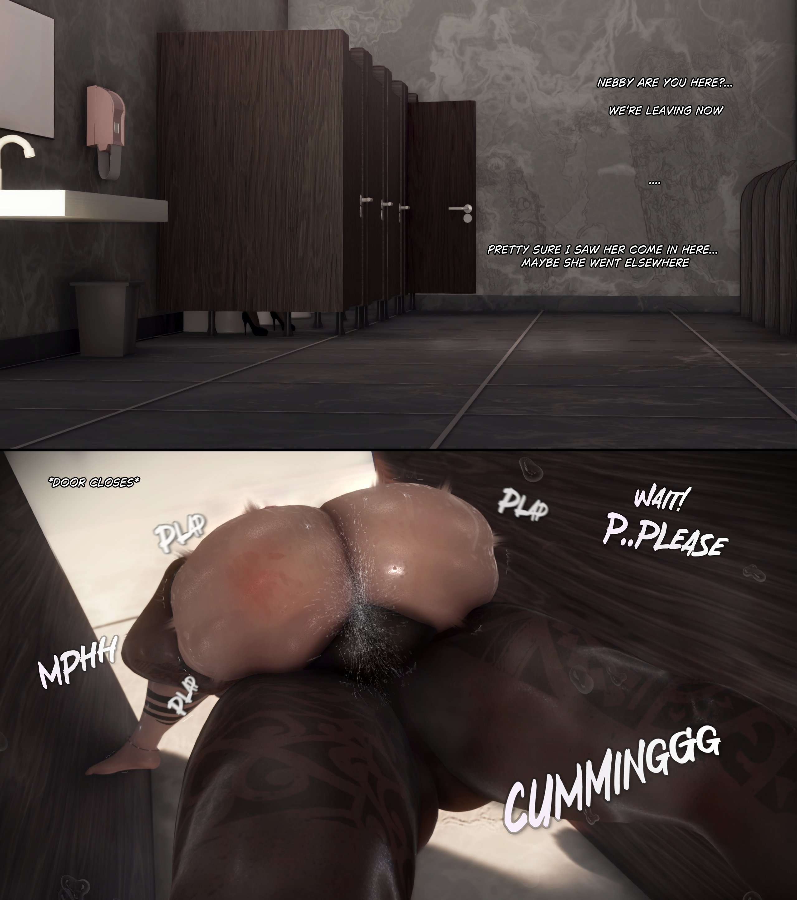 3d, 3d (artwork), bathroom, bathroom sex, bathroom stall, dark-skinned futa, freyfreyxiv, futa on female, implied cheating, implied netorare, muscular futa, tagme