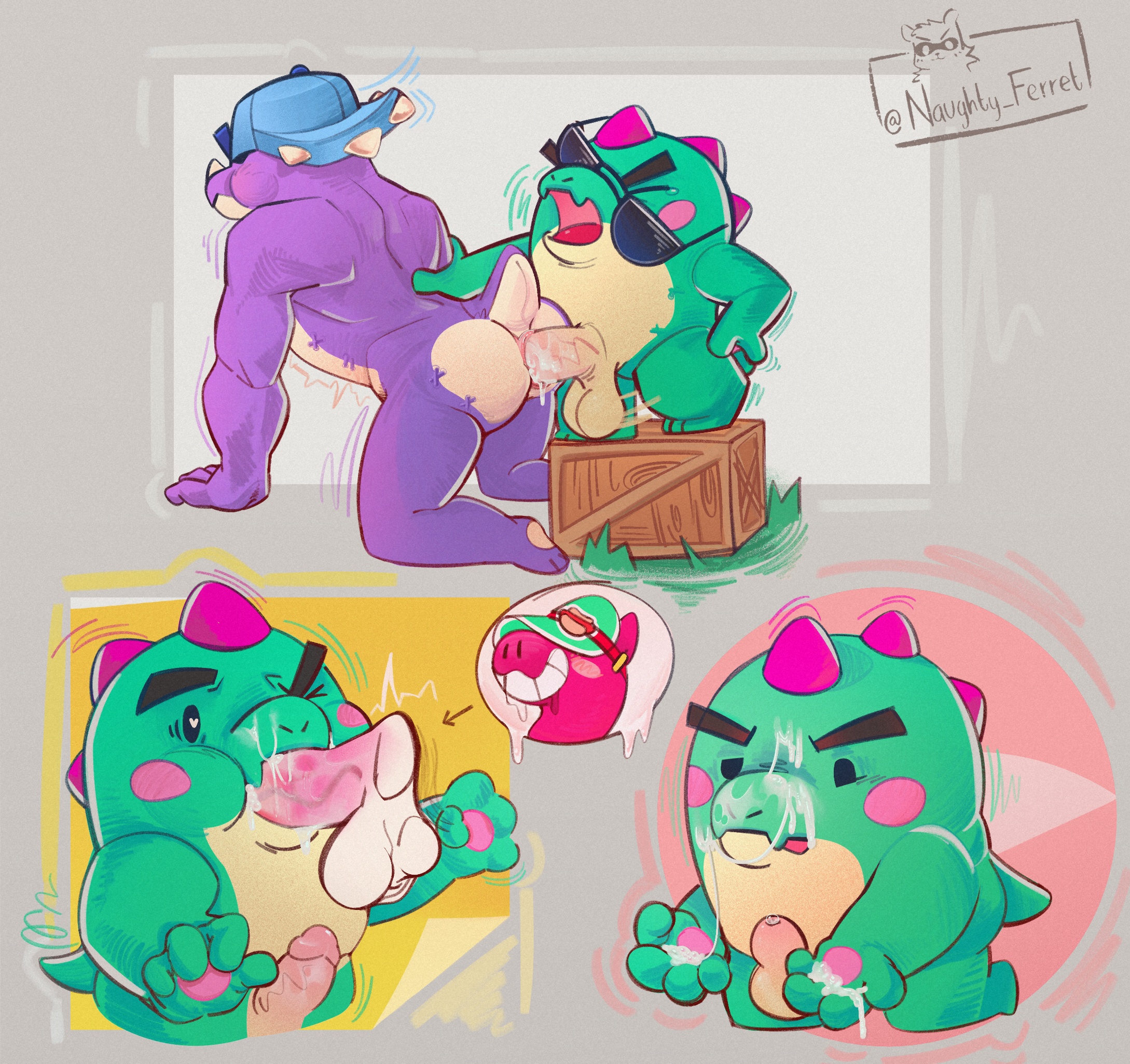brawl stars, buzz (brawl stars), cum, cum in mouth, cum inside, cum on face, dinosaur, doug (brawl stars), male, male/male, muscular, muscular male, penile penetration, penis, penis in ass, pierce (brawl stars)
