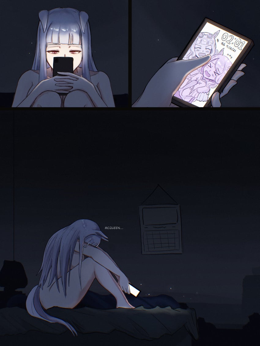 1girls, animal ears, bed, dark room, english text, gold ship (umamusume), horse tail, in bed, johnholl0w, lights off, marge, mejiro mcqueen (umamusume), naked, night, not porn, nude, phone, sad, solo, tail, text, umamusume, white hair