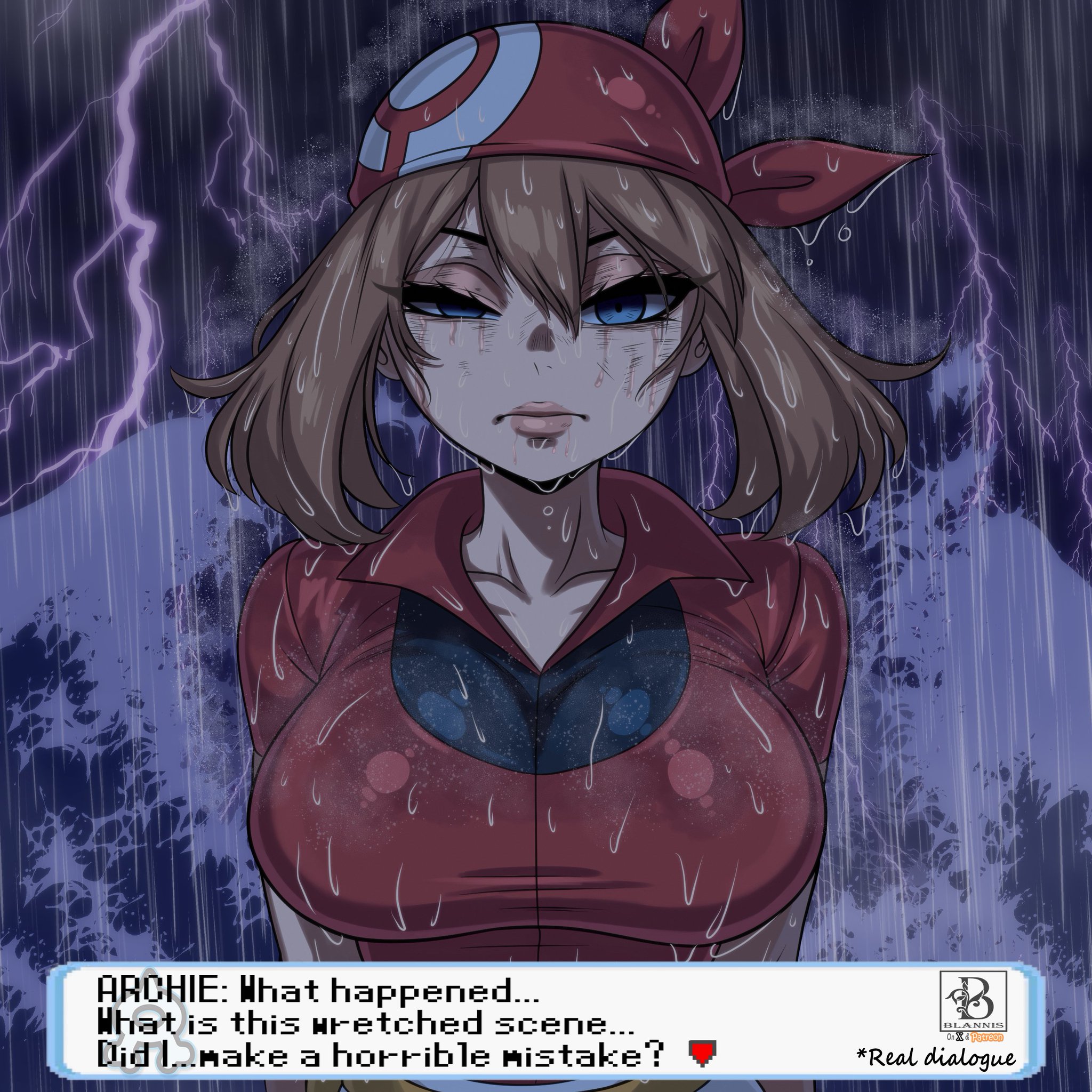 1girls, annoyed, annoyed expression, bandana, beautiful, beautiful body, beautiful female, beautiful girl, beautiful woman, beauty, big boobies, big boobs, big breasts, big milkers, big tits, big titties, bigger breasts, bimbo boobs, bimbo breasts, bimbo tits, blannis art, blue eyes, boobies, boobs, breasts, brown hair, bust, busty, busty female, busty woman, clavicle, collarbone, curvy, curvy body, curvy female, curvy figure, cute, cute female, cute girl, dialogue, dialogue box, eyebrows, eyelashes, eyes almost closed, fat boobies, fat boobs, fat breasts, fat tits, fat titties, female, firm breasts, game freak, gorgeous, heavenly body, honkers, hot female, hot girl, hot woman, hourglass figure, hourglass figured female, huge boobies, huge boobs, huge breasts, huge bust, huge tits, huge titties, juicy breasts, juicy tits, looking at viewer, magumbos, mature, mature female, may (pokemon), milf body, milker, milkers, nintendo, pokemon, pokemon rse, rain, round boobies, round breasts, sea, sexy, sexy body, sexy female, sexy girl, sexy woman, shiny, shiny clothes, shiny hair, shiny skin, soft boobs, soft breasts, soft tits, solo, solo female, storm, thick boobies, thick boobs, thick breasts, thick tits, thick titties, thunder, thunderstorm, tight clothing, tired, tired eyes, tired look, tit, tits, titties, twitching eye, voluptuous, voluptuous female, wet, wet body, wet clothes, wet skin, young, young adult, young girl, young woman, younger female, younger woman