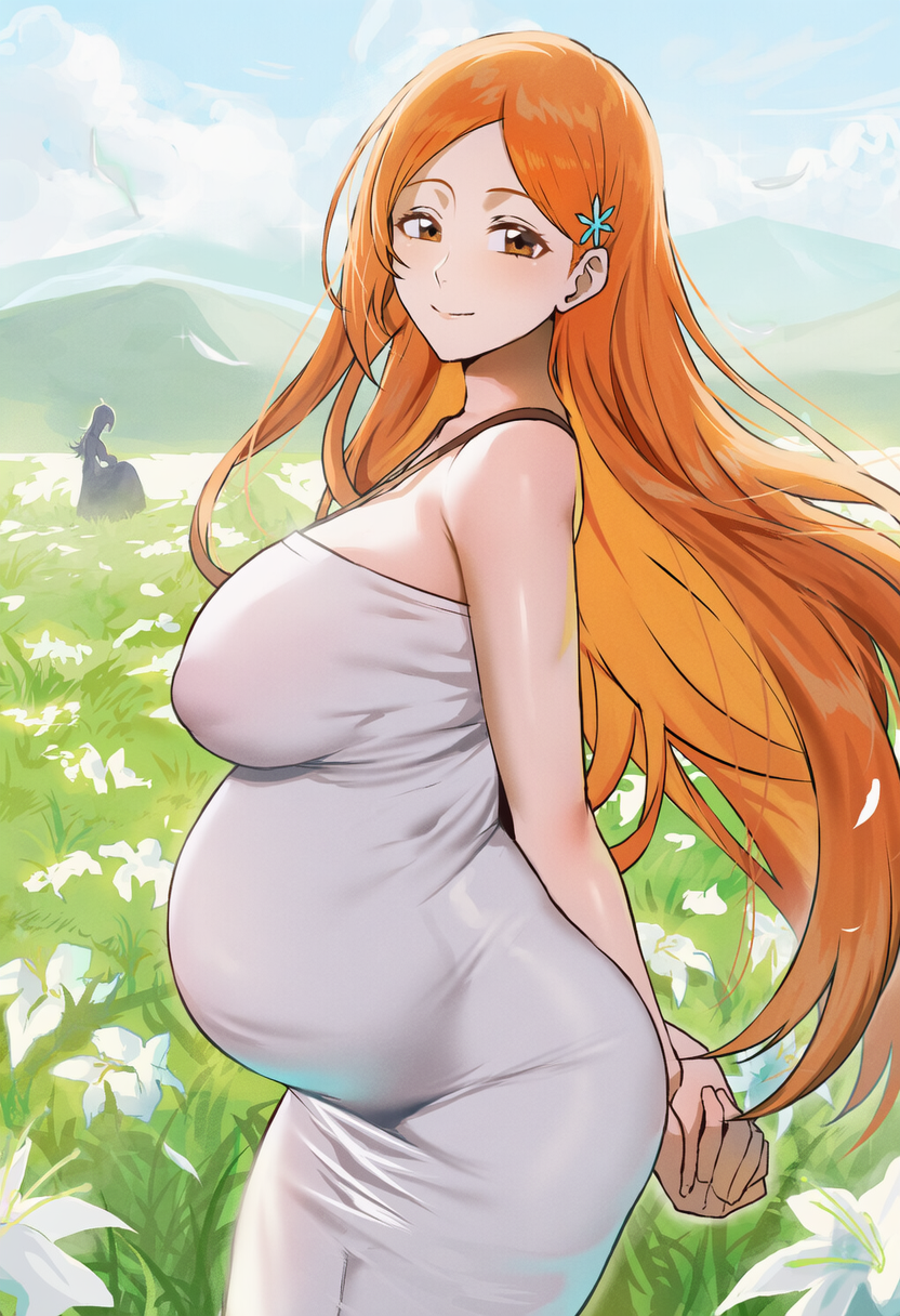 ai generated, big ass, big breasts, bleach, dress, field, flowers, fully clothed, inoue orihime, large breasts, maternity clothes, orange hair, pregnant, pregnant female, redhead, smiling, solo, tight clothing, zeulzin