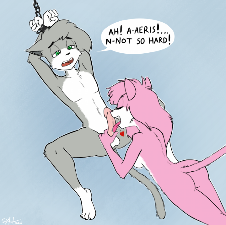 2016 aeris_(vg_cats) anthro bondage bound dialogue duo feline fellatio female fur green_eyes grey_fur grey_hair hair handcuffed handcuffs heart leo_(vg_cats) licking licking_penis male mammal oral penis pink_fur pink_hair sex shackles soupbag straight vg_cats