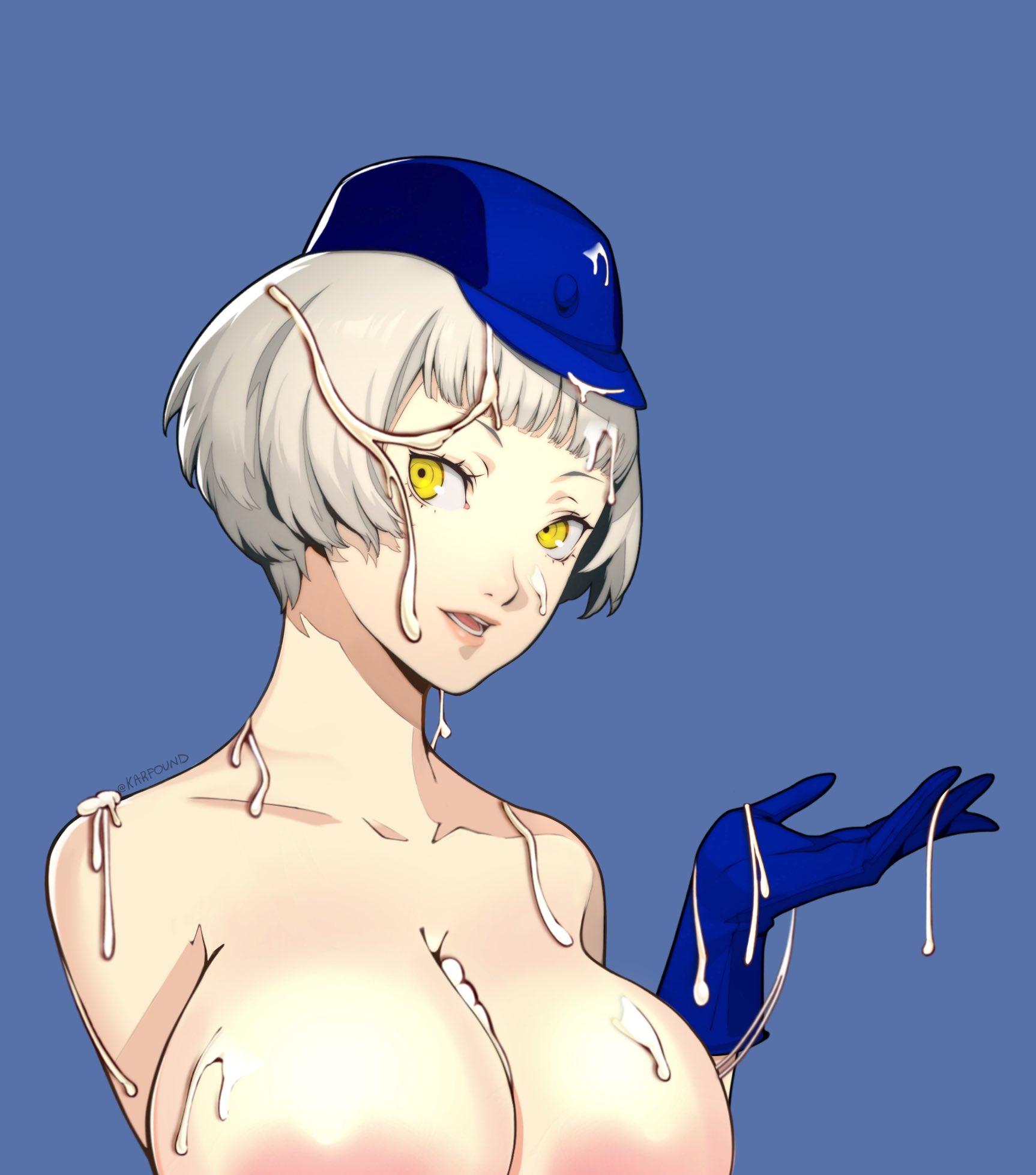 1girls, areolae, big breasts, breasts, cum on breasts, cum on face, cumstring, edited official artwork, elizabeth (persona), female, female only, gloves, karfound, nude, nude and boob edit, nude edit, persona, persona 3, semen, semen string, short hair, smile, solo, third-party edit, white hair, yellow eyes