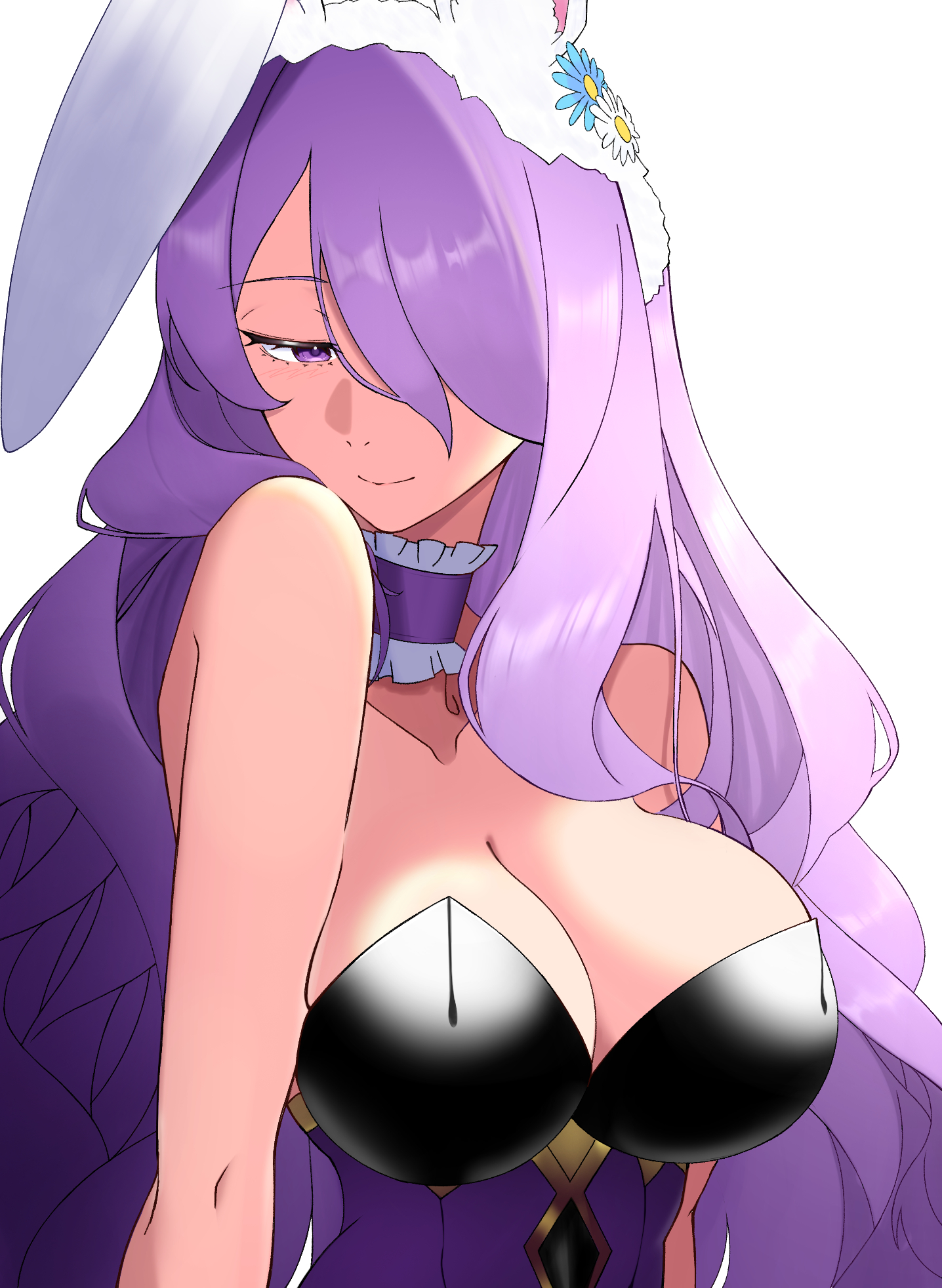 1girls, animal ears, bare shoulders, big breasts, breasts, bunny ears, bunny girl, bunnysuit, camilla (fire emblem), cleavage, closed mouth, collarbone, detached collar, fake animal ears, female, female only, fire emblem, fire emblem fates, fire emblem heroes, hair over one eye, large breasts, leotard, lips, long hair, looking at viewer, nintendo, purple eyes, purple hair, simple background, smile, solo, strapless, upper body, very long hair, wavy hair, white background