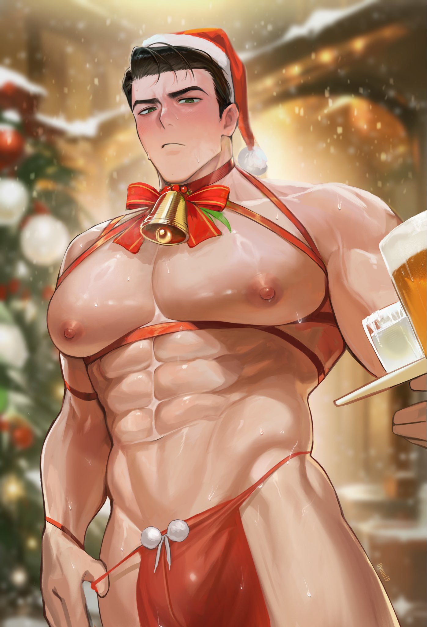 areolae, background, bara, bara tiddies, beer, bell, big breasts, christmas, christmas tree, cumdump, eggnog, flushed, flushed face, gay, honestly quite incredible, huge pectorals, lactation, limbus company, male, male lactation, male only, meat toilet, merry christmas, meursault (limbus company), muscular male, plump breasts, present, project moon, santa hat, serving platter, sex slave, six pack, skimpy clothes, snowing outside, tremor bursted, unwrapping, uyouu19, voluptuous male, yaoi