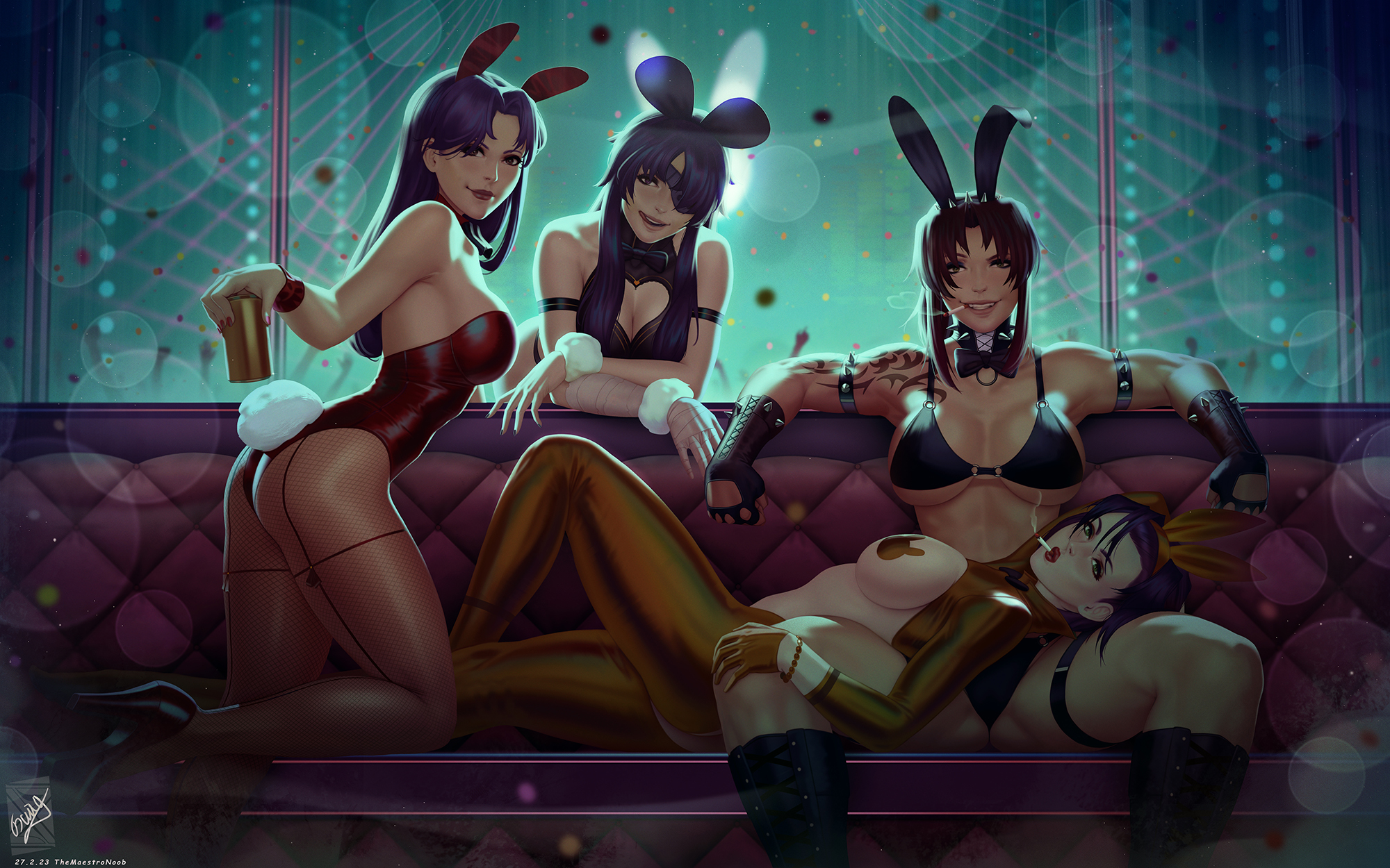 2024, 2d, 2d (artwork), 4girls, armwear, artist name, artist signature, beer, beer can, big breasts, black eyes, black lagoon, boots, bracelet, breasts, brown eyes, brown hair, bunny ears, bunny tail, bunnysuit, choker, cigarette, cigarette in mouth, cleavage, clothed, clothed female, clothing, collar, couch, cowboy bebop, crossover, drink, eyepatch, eyewear, fair skin, fair-skinned female, fake animal ears, fake tail, faye valentine, female, female only, fingerless gloves, fishnet, fishnet legwear, fishnets, fit, fit female, footwear, gloves, green eyes, hair, heels, high heels, high resolution, highres, holding drink, human, human only, large breasts, leggings, legs spread, legwear, light skin, light-skinned female, lips, long hair, looking at viewer, mature, mature female, mature woman, medium hair, mirai nikki, misato katsuragi, neckwear, neon genesis evangelion, no sex, on back, one eye obstructed, parted lips, pasties, pole, purple hair, red bunnysuit, red nail polish, red nails, reverse bunnysuit, revy, ribbon, short hair, smile, smoke, smoking, spiked bracelet, spread legs, straight hair, stripper pole, tail, tattoo, tattoo on arm, tattooed arm, themaestronoob, tongue, tongue out, uryuu minene, yellow pasties