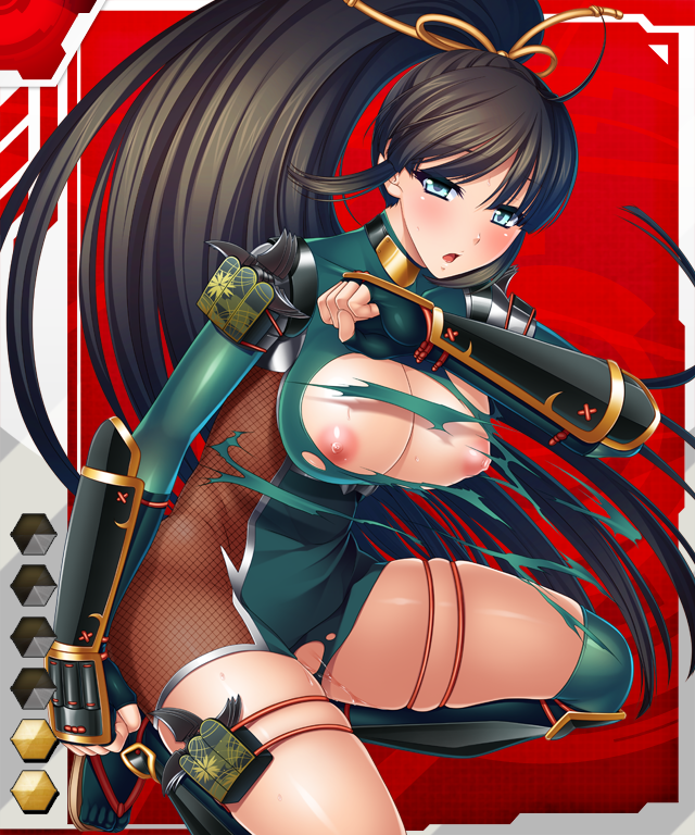 aikawa_arisa areolae bodysuit breasts female large_breasts ninja nipples open_mouth ponytail sanpei_haruka shuriken taimanin_asagi_battle_arena taimanin_asagi_battle_arena_all_card_gallery thighs tied_hair torn_clothes weapon