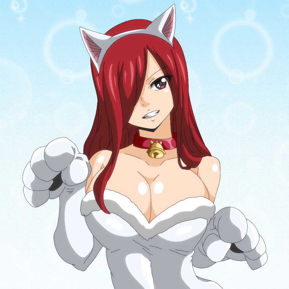 1girls, bare shoulders, bell collar, big breasts, breasts, brown hair, cat ears, cat outfit, cat paws, cleavage, collar, collarbone, erza scarlet, fairy tail, glistening, glistening breasts, hair over one eye, hairband, headband, large breasts, long hair, multicolored background, red collar, red hair, red-haired female, sidelocks, slight smile, trenganfinn29