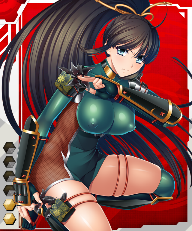 aikawa_arisa bodysuit breasts female large_breasts ninja ponytail sanpei_haruka shuriken taimanin_asagi_battle_arena taimanin_asagi_battle_arena_all_card_gallery thighs tied_hair weapon