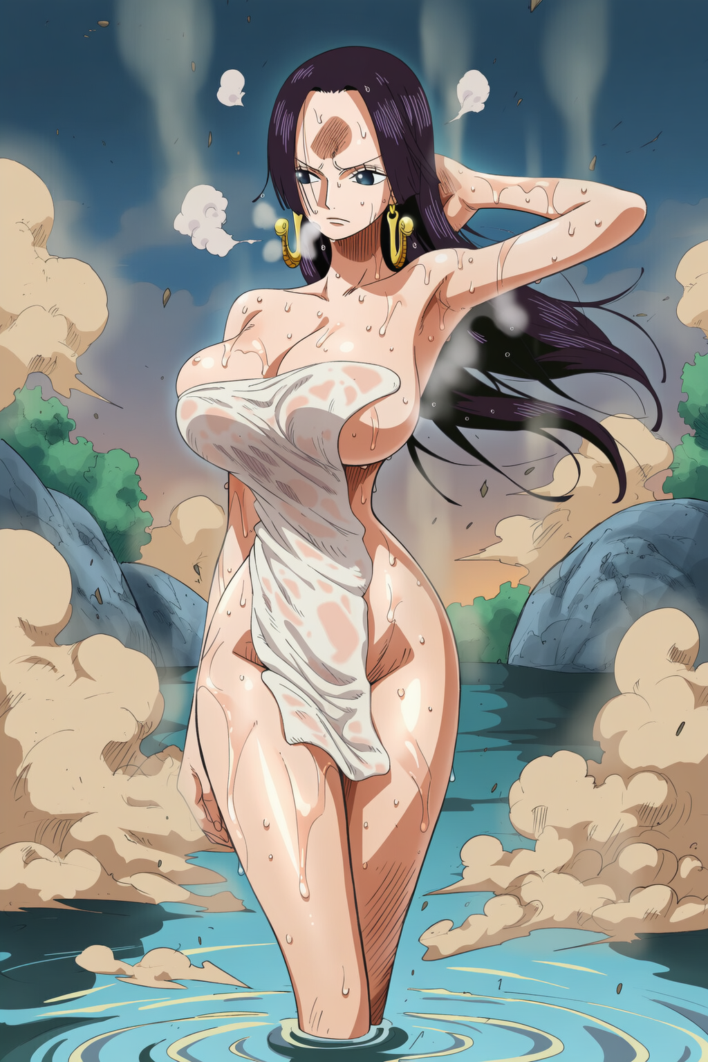 1girls, ai generated, big breasts, black hair, black-haired female, boa hancock, dreamoff, female, female only, one piece, onsen, towel, towel only, water